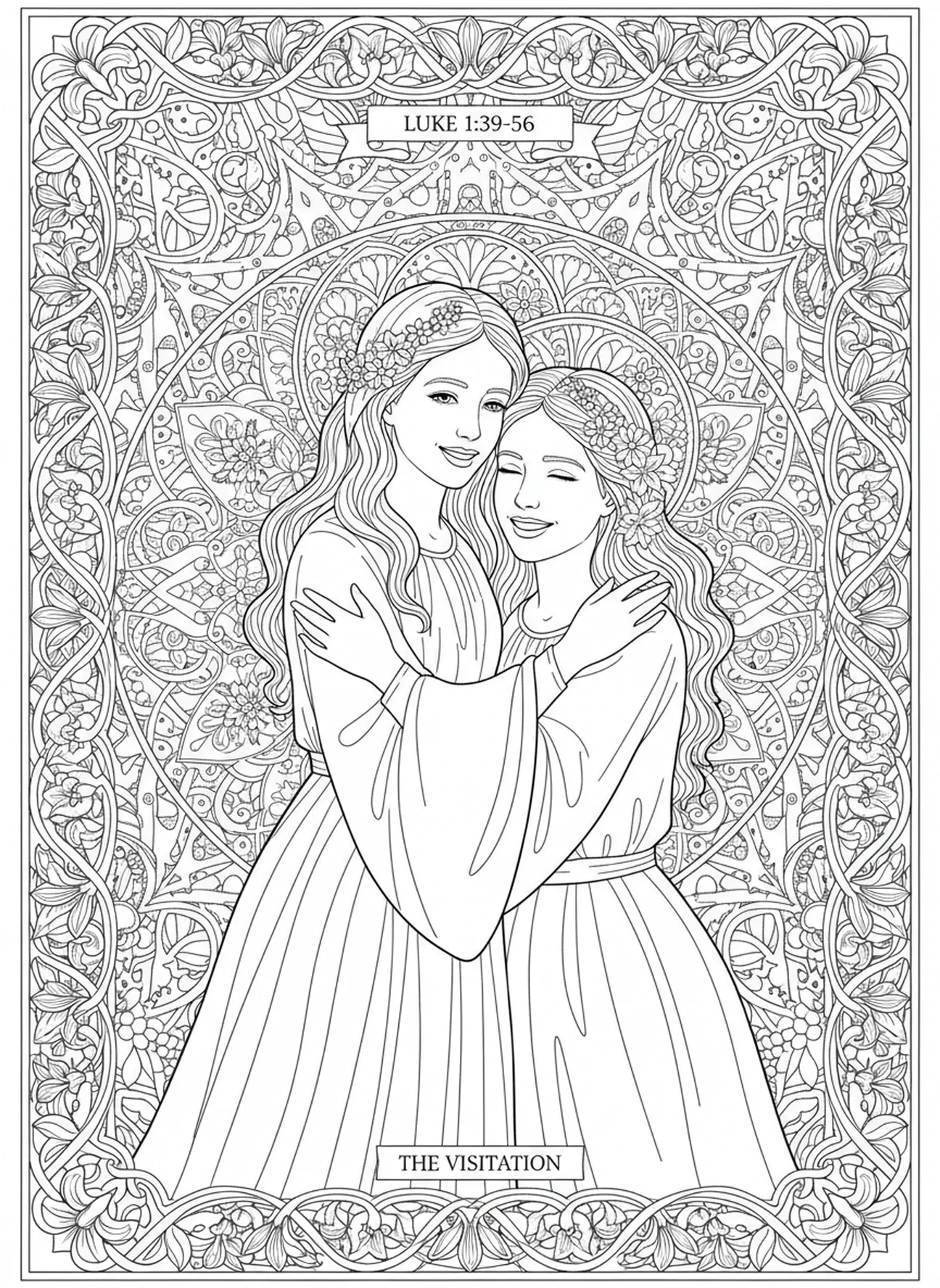 Maria e Isabel se abraçando, página de colorir da solenidade de Maria no estilo de journaling bíblico para adultos.