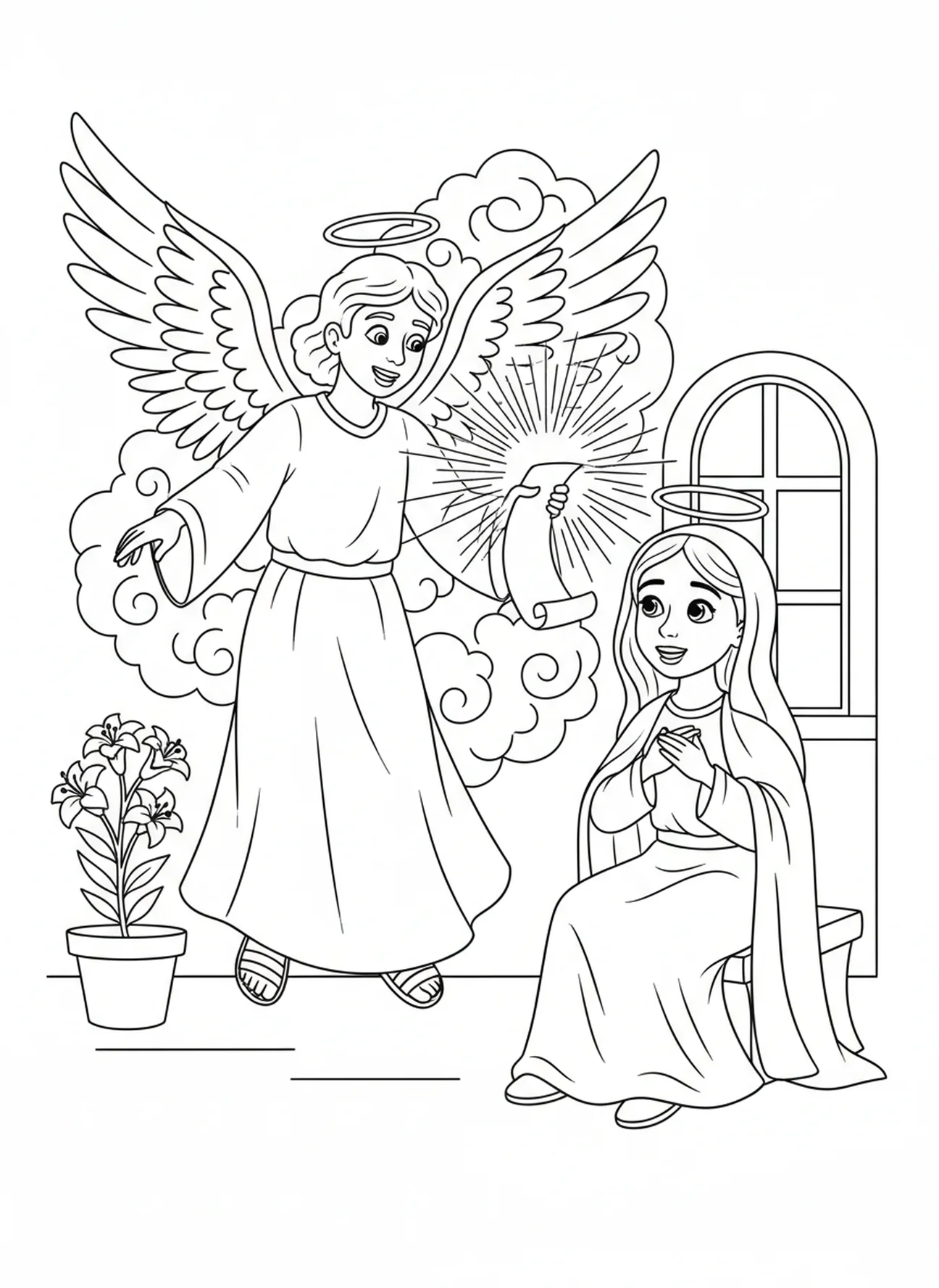 Un ange apparaissant à Marie, page à colorier de la Solennité de Marie pour les enfants de 5 à 10 ans