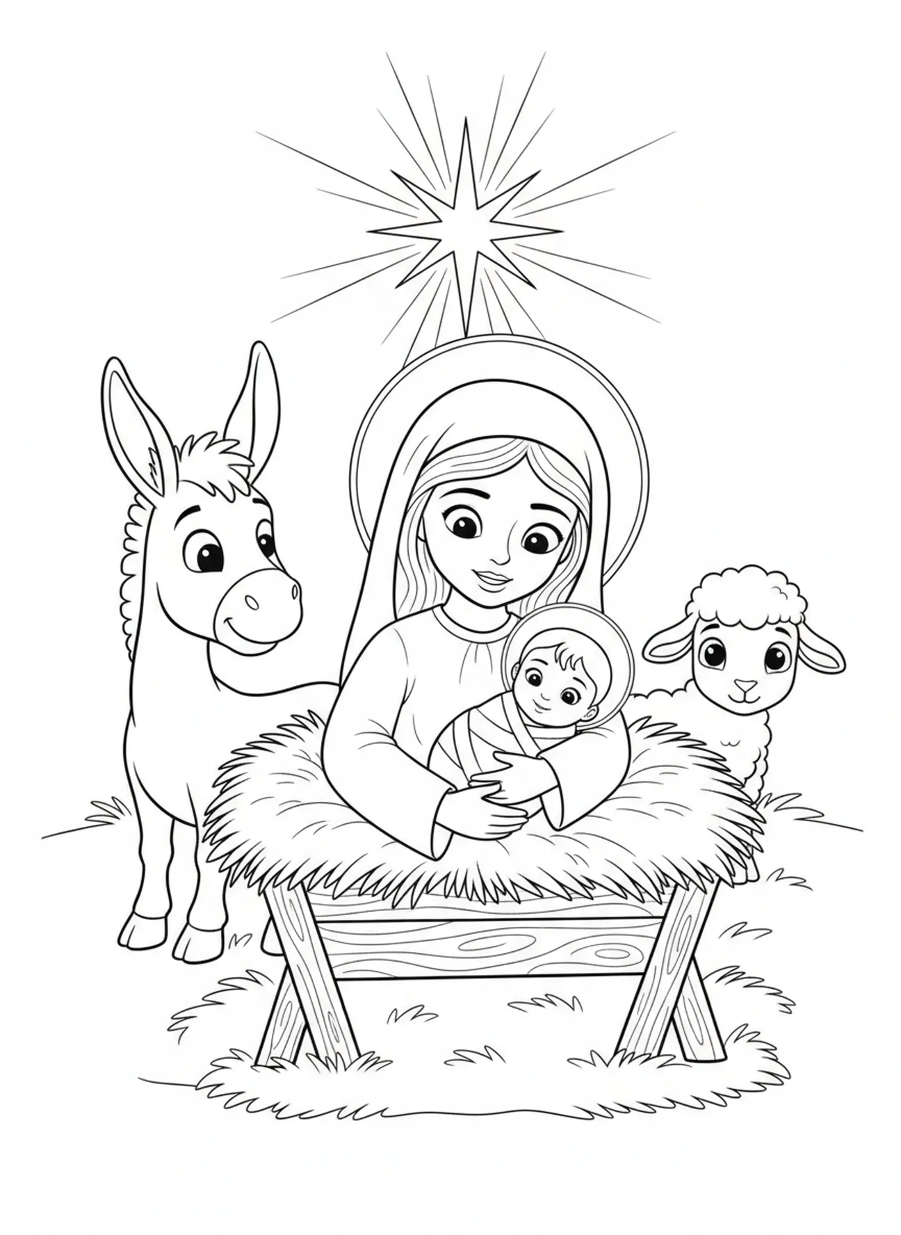 Marie tenant l'enfant Jésus, page à colorier pour la Solennité de Marie pour les enfants de 5 à 10 ans