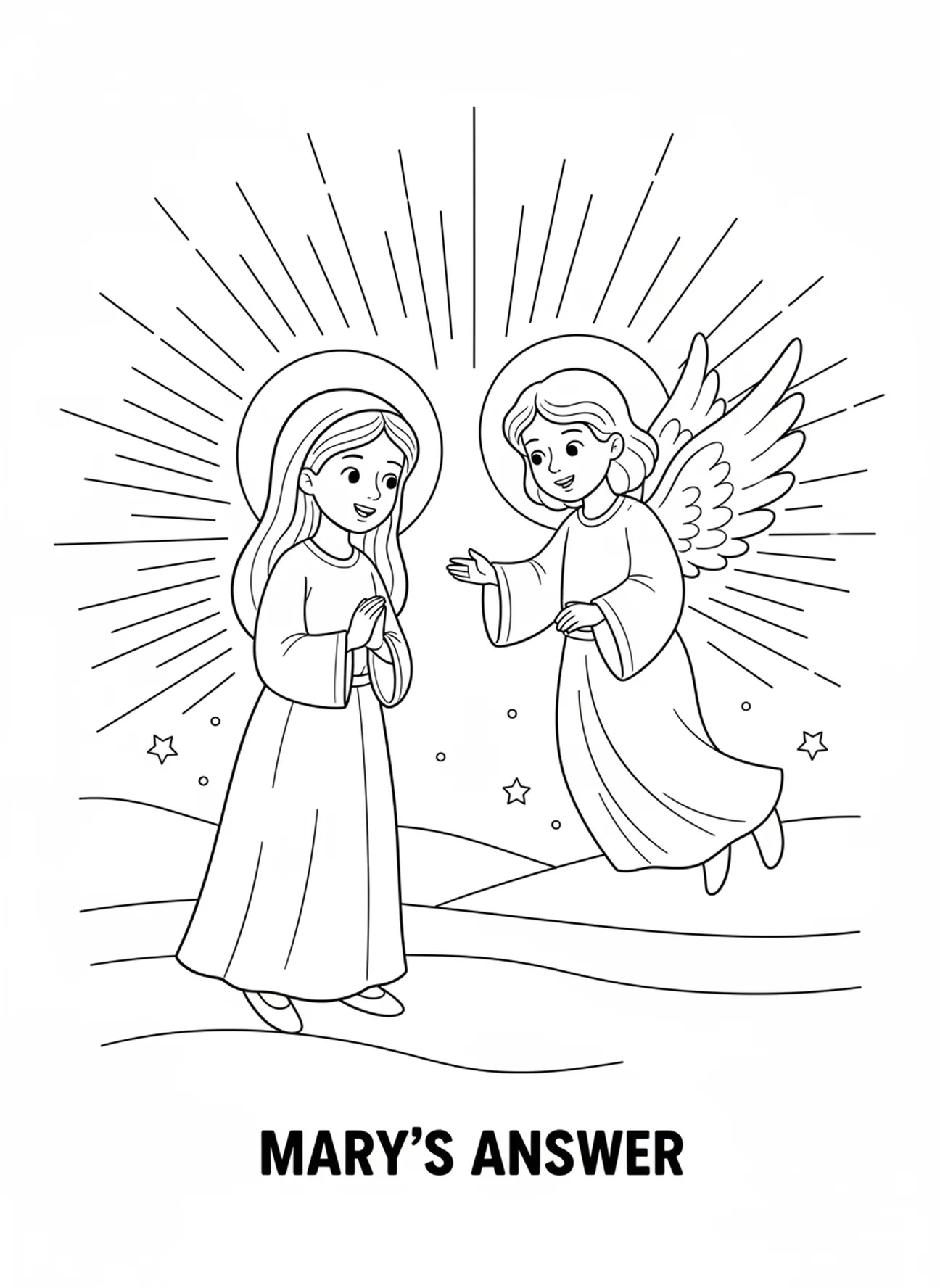 Marie acceptant le message, page à colorier pour la Solennité de Marie pour les enfants de 5 à 10 ans
