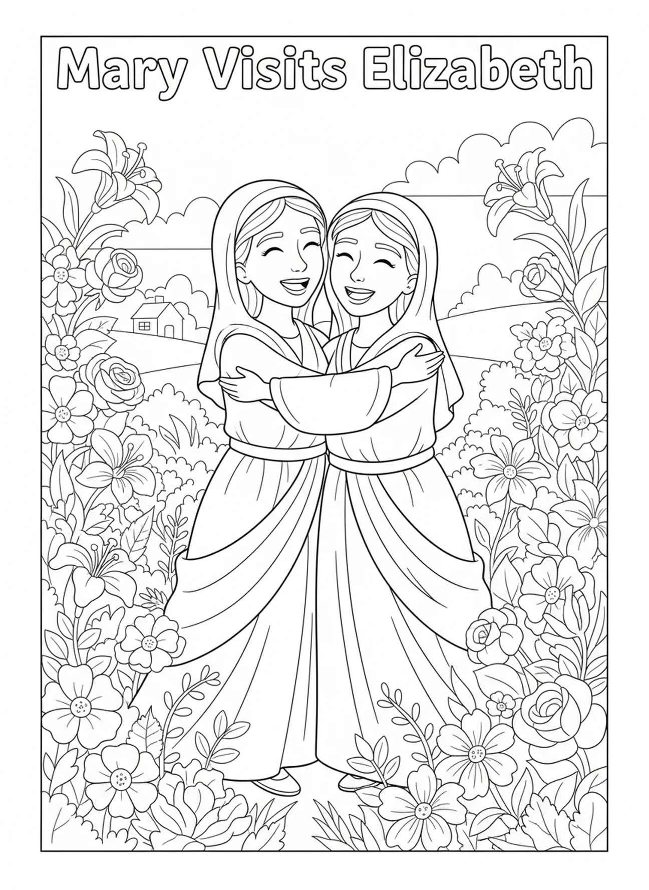 Marie rendant visite à Élisabeth, page à colorier de la Solennité de Marie pour les enfants de 5 à 10 ans
