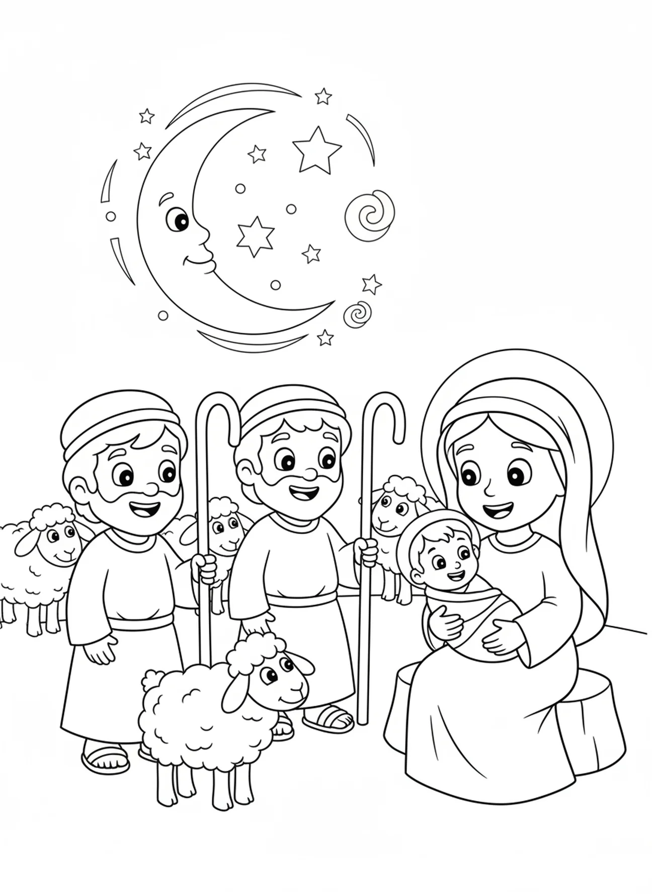 Les bergers visitent Marie et Jésus, page à colorier de la Solennité de Marie pour les enfants de 5 à 10 ans