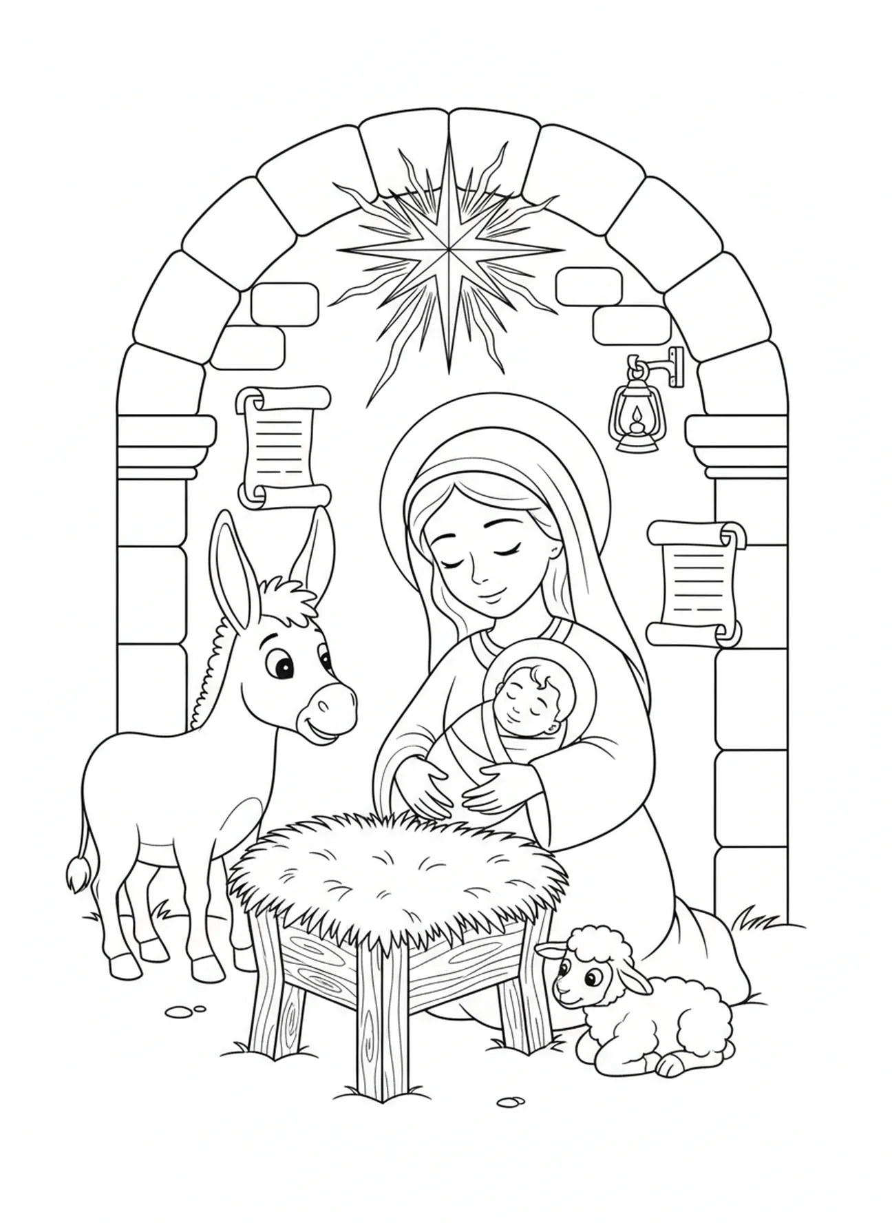 Maria houdt het kindje Jezus vast in een kribbe, kleurplaat voor de feestdag van Maria voor Zondagsschoolkinderen van 5-12 jaar.