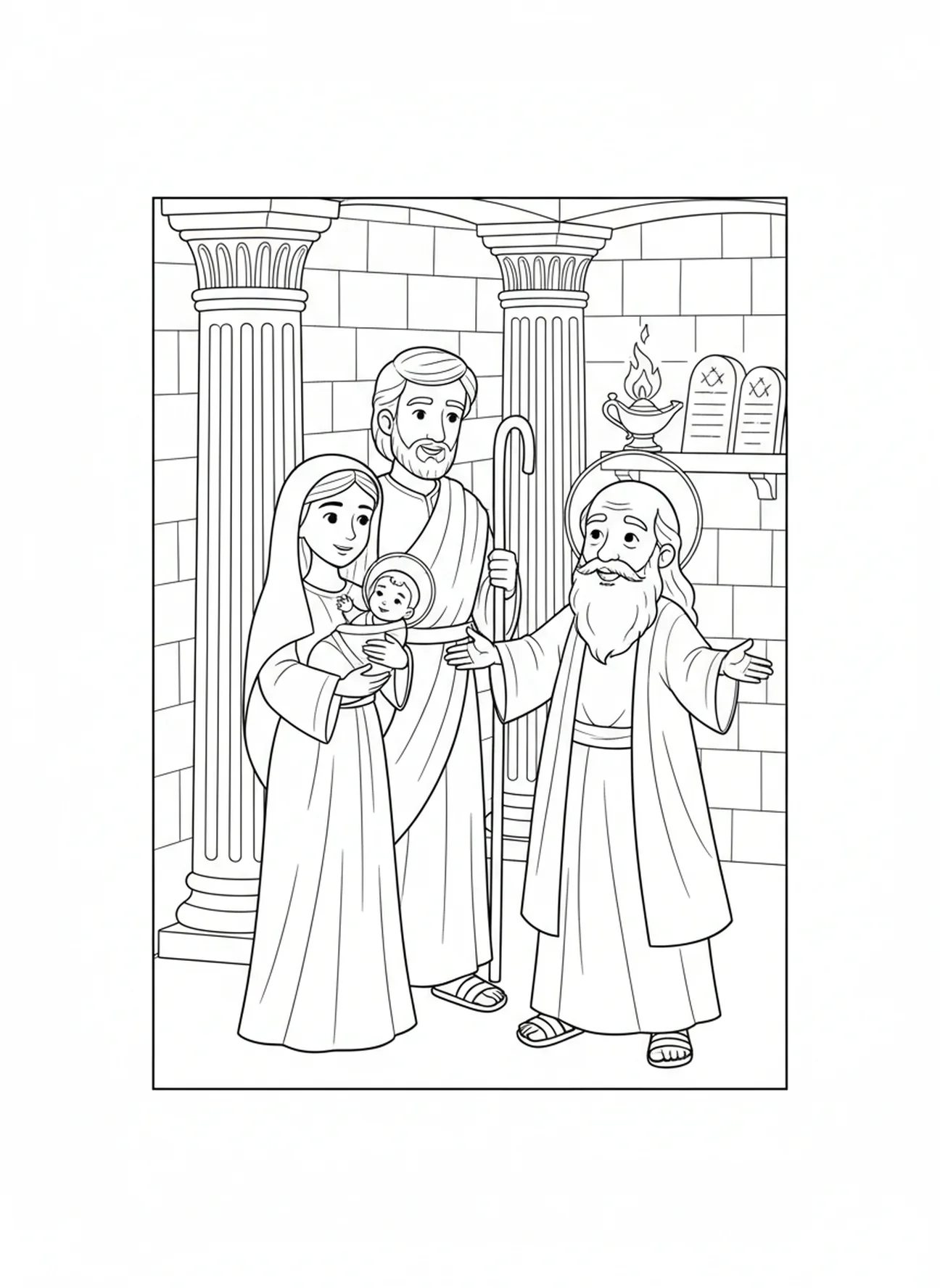 Maria en Jozef presenteren baby Jezus in de tempel, Kleurplaat voor de Feestdag van Maria voor Zondagsschoolkinderen van 5-12 jaar.