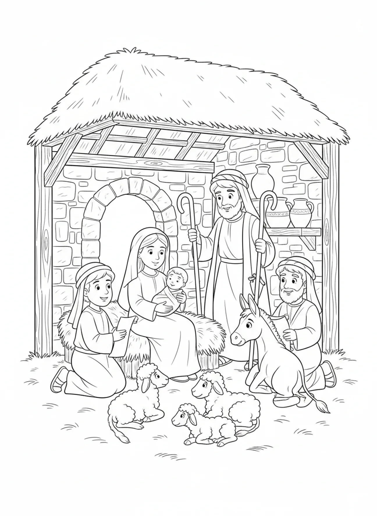 Herders bezoeken Maria en baby Jezus, Kleurplaat voor de Feestdag van Maria voor Zondagsschoolkinderen van 5-12 jaar.