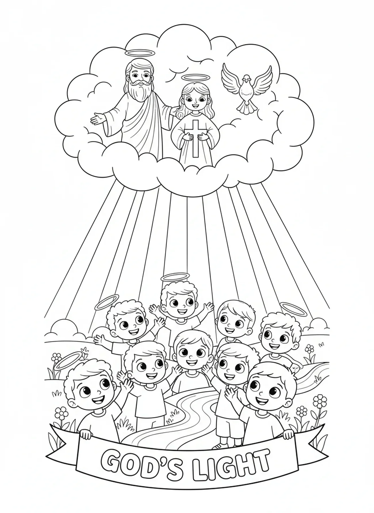 Rayons de lumière brillants à travers les nuages, page à colorier pour la fête de la Trinité pour les enfants de 5 à 10 ans.