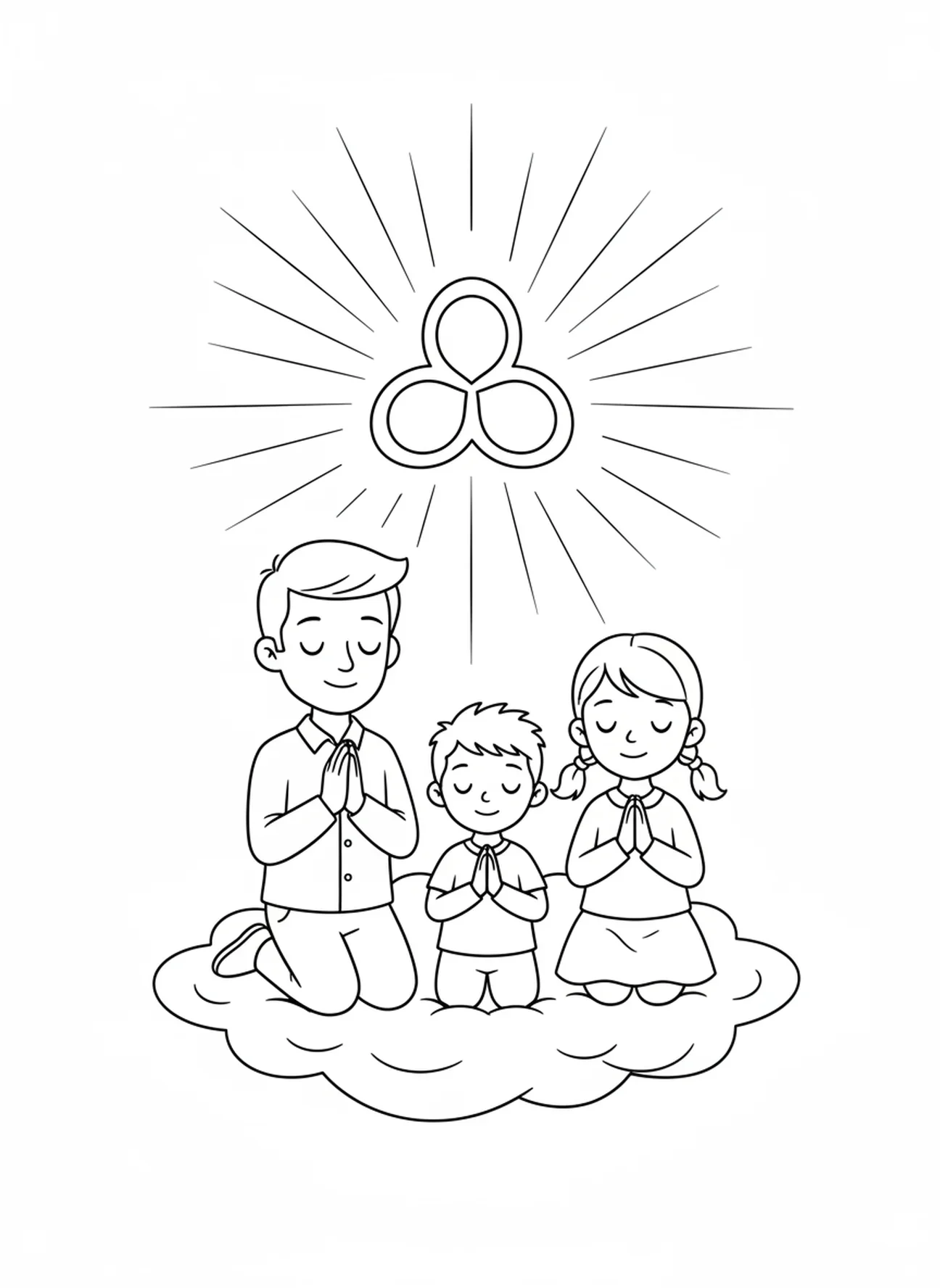 Famille en dessin animé priant ensemble, page à colorier pour la fête de la Trinité pour les enfants de 5 à 10 ans.