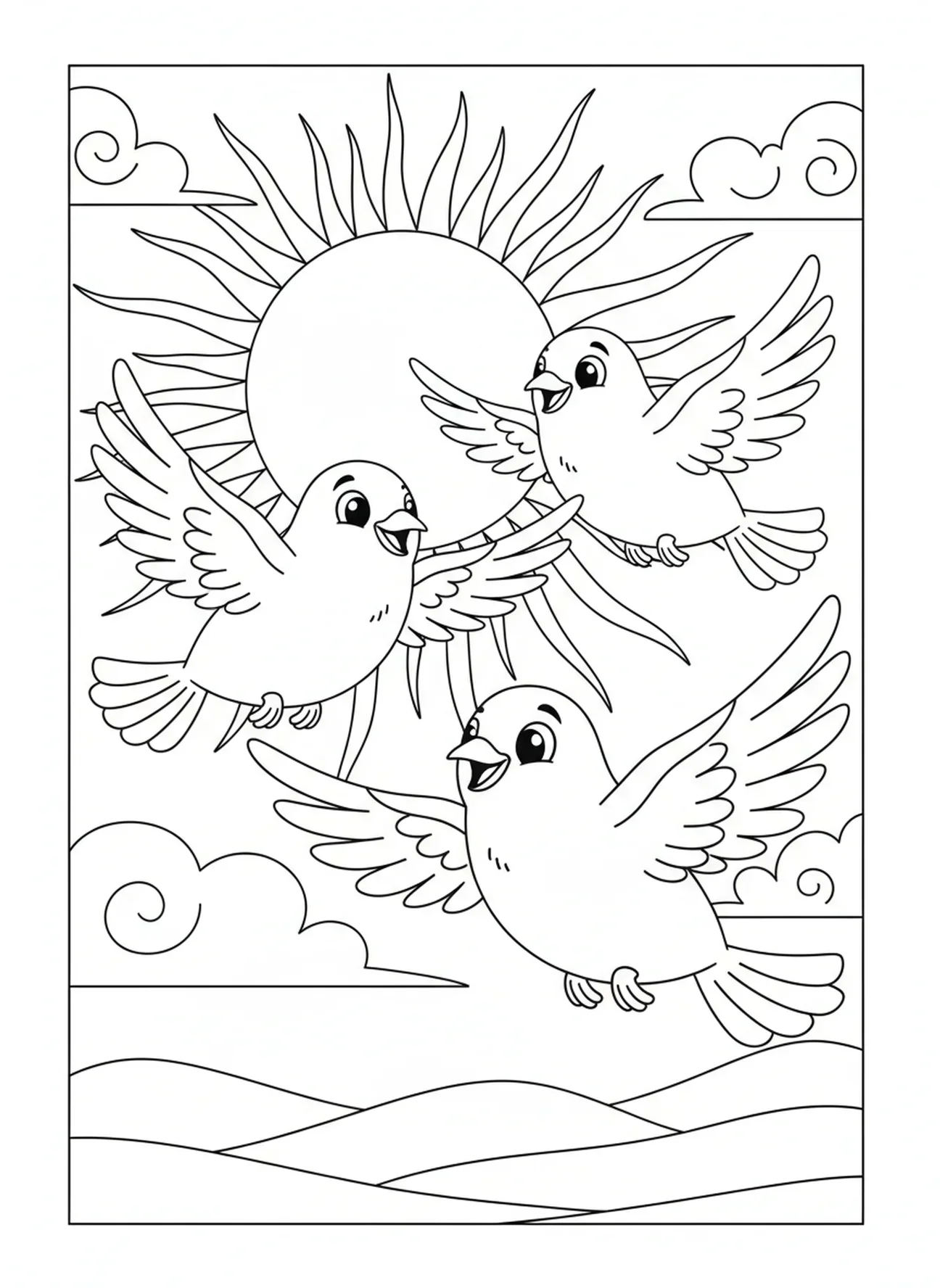 Trois colombes en dessin animé, page à colorier pour la fête de la Trinité pour les enfants de 5 à 10 ans.
