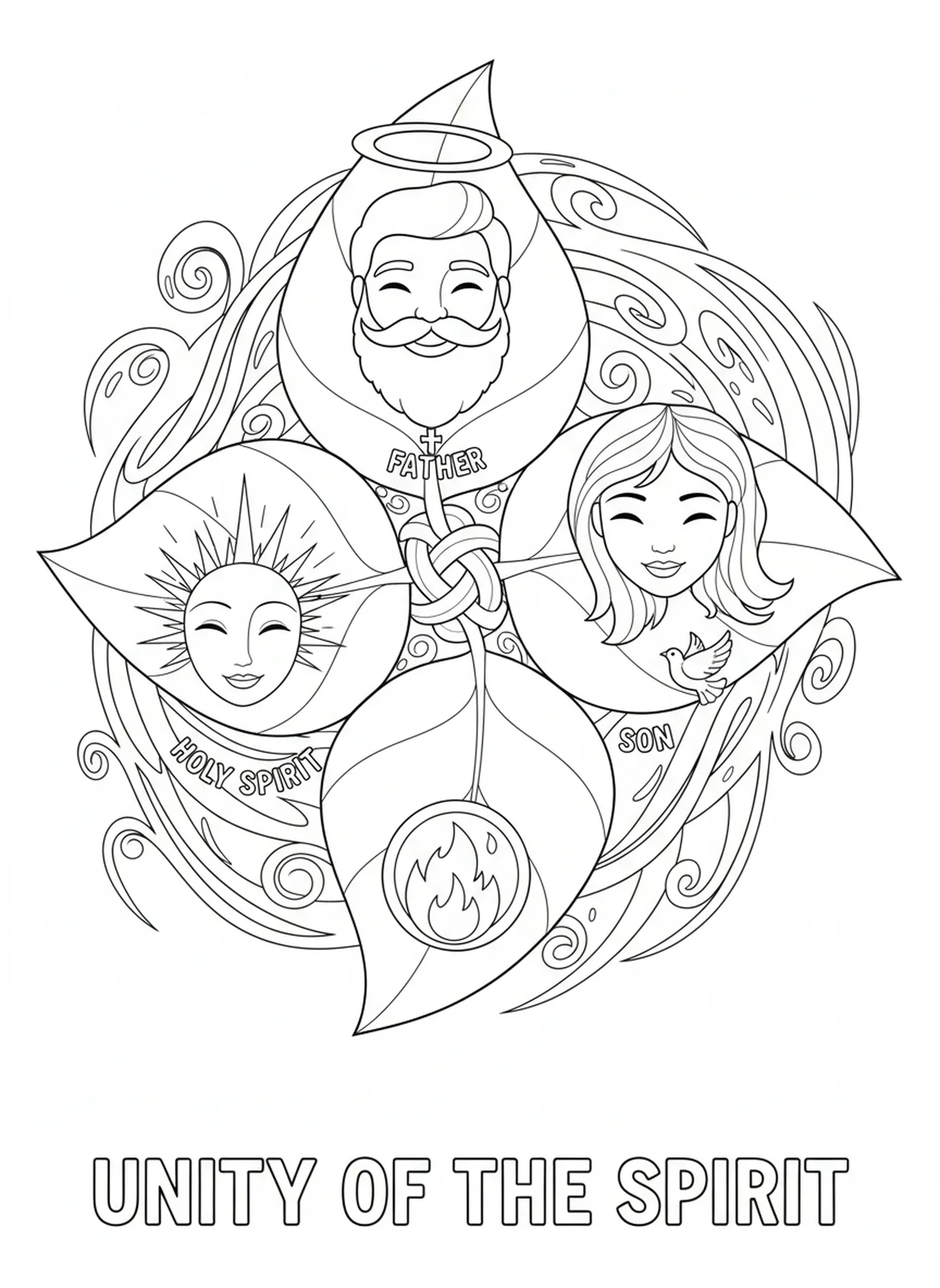 Trois grandes feuilles entrelacées, page à colorier pour la fête de la Trinité pour les enfants de 5 à 10 ans.
