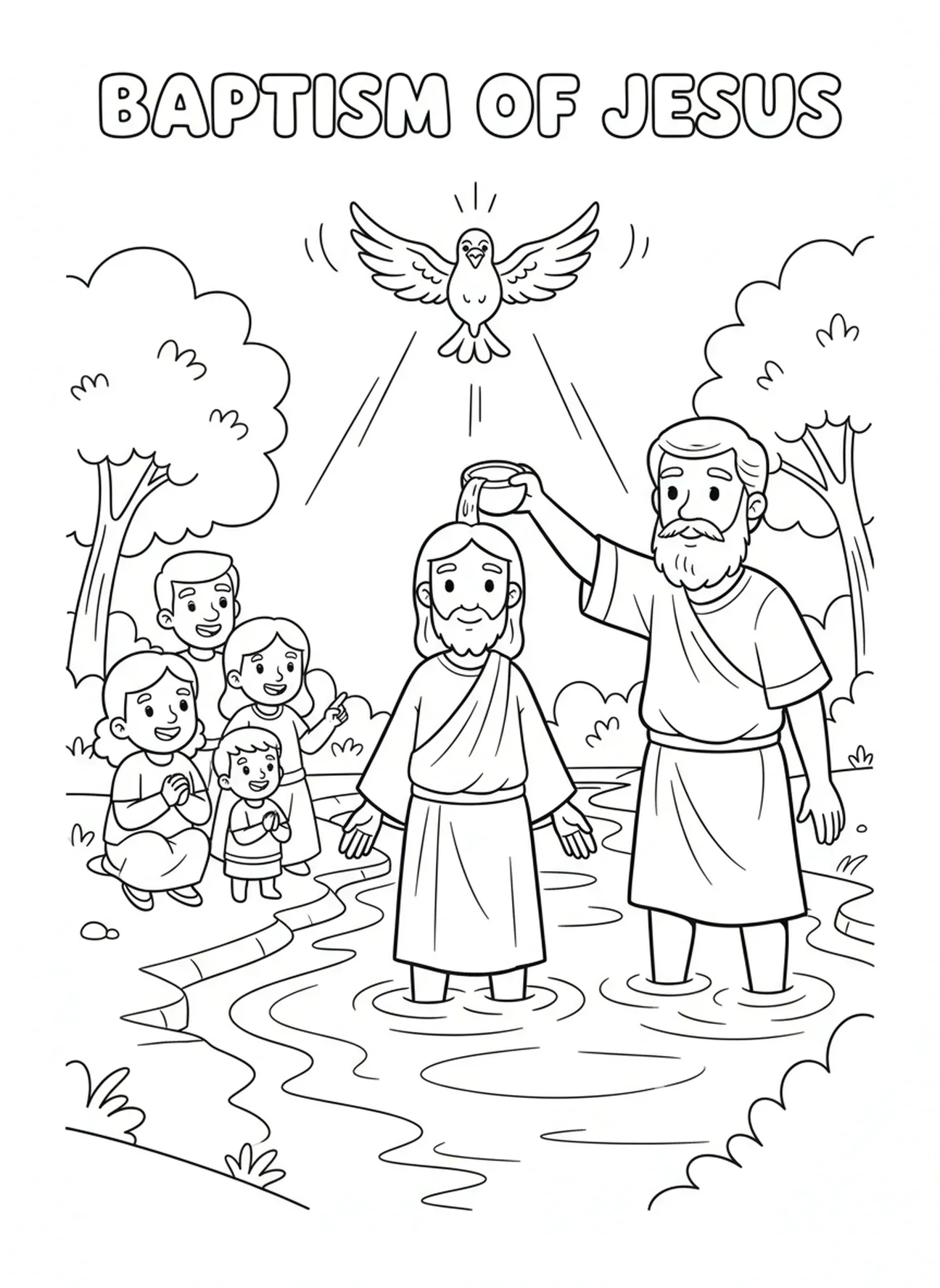 Jésus dans une rivière, page à colorier pour la fête de la Trinité pour les enfants de 5 à 10 ans.