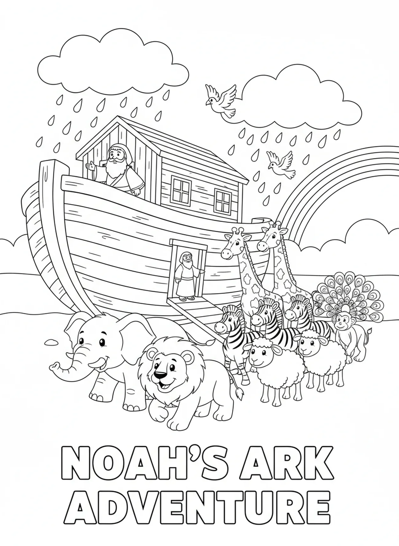 Tierpaare steigen in die Arche, Ausmalbild von Noahs Arche für Kinder im Alter von 5-10 Jahren