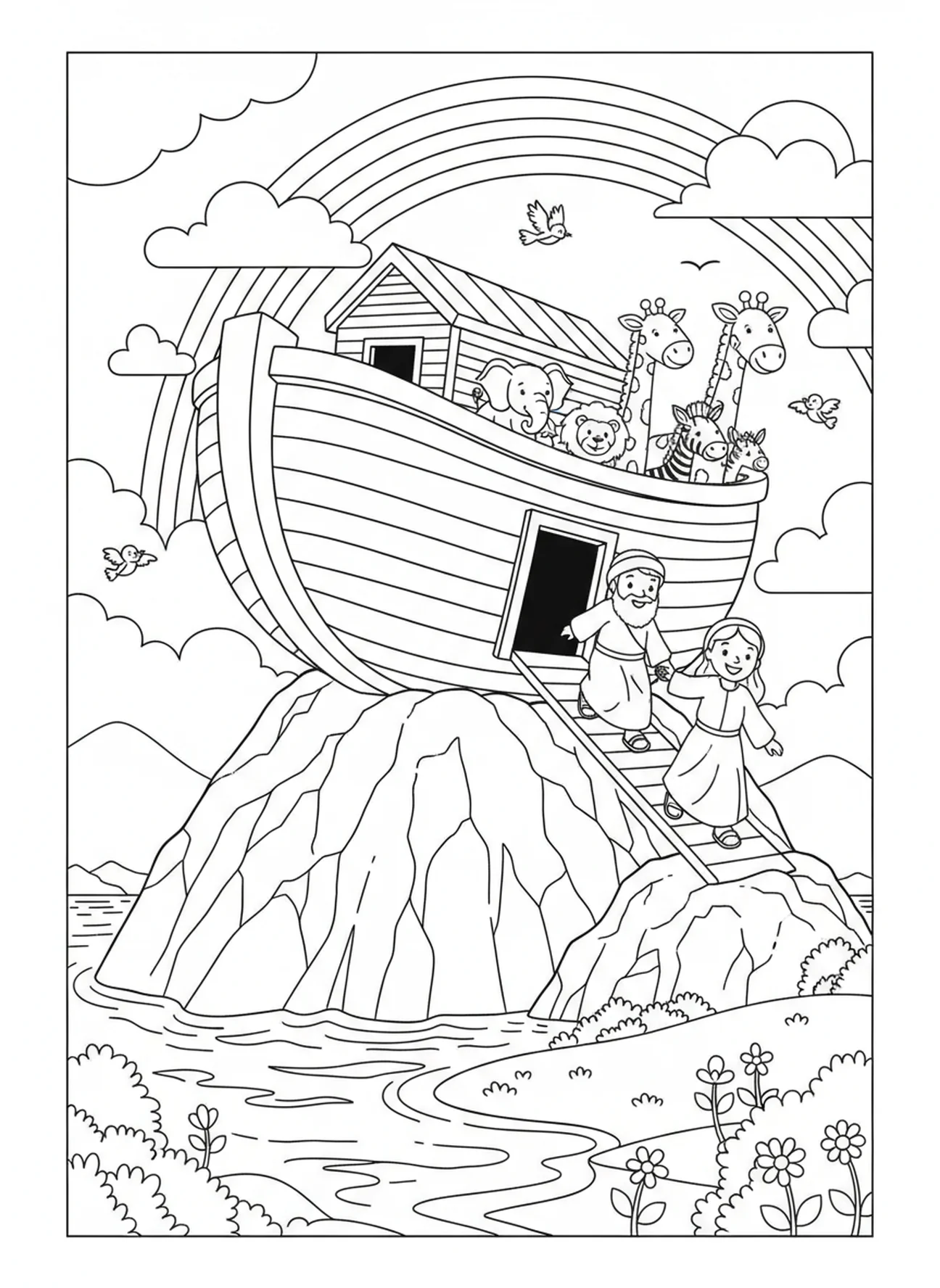 Noah und Tiere steigen aus der Arche, Ausmalbild von Noahs Arche für Kinder im Alter von 5-10 Jahren