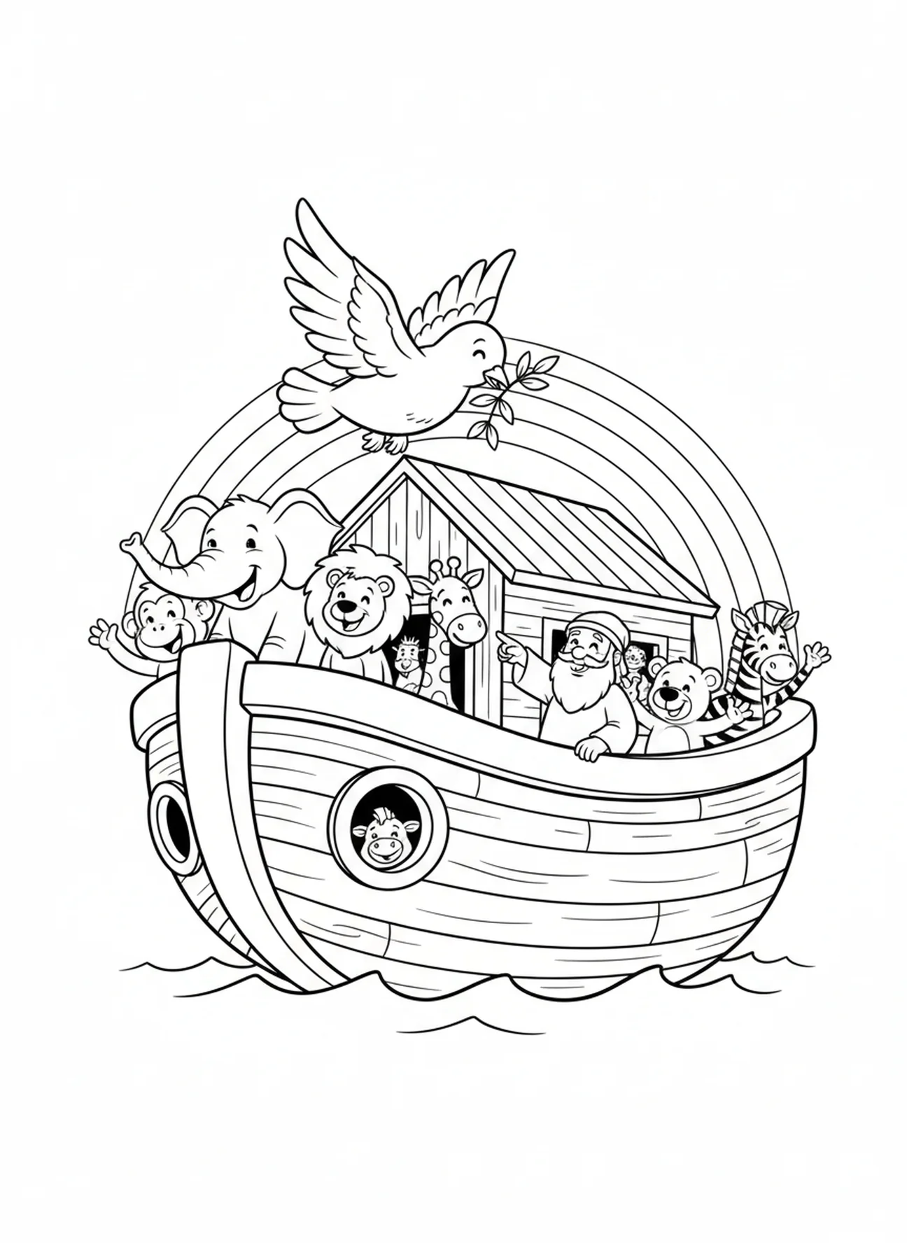 Taube mit Olivenzweig kehrt zur Arche zurück, Ausmalbild von Noahs Arche für Kinder im Alter von 5-10 Jahren
