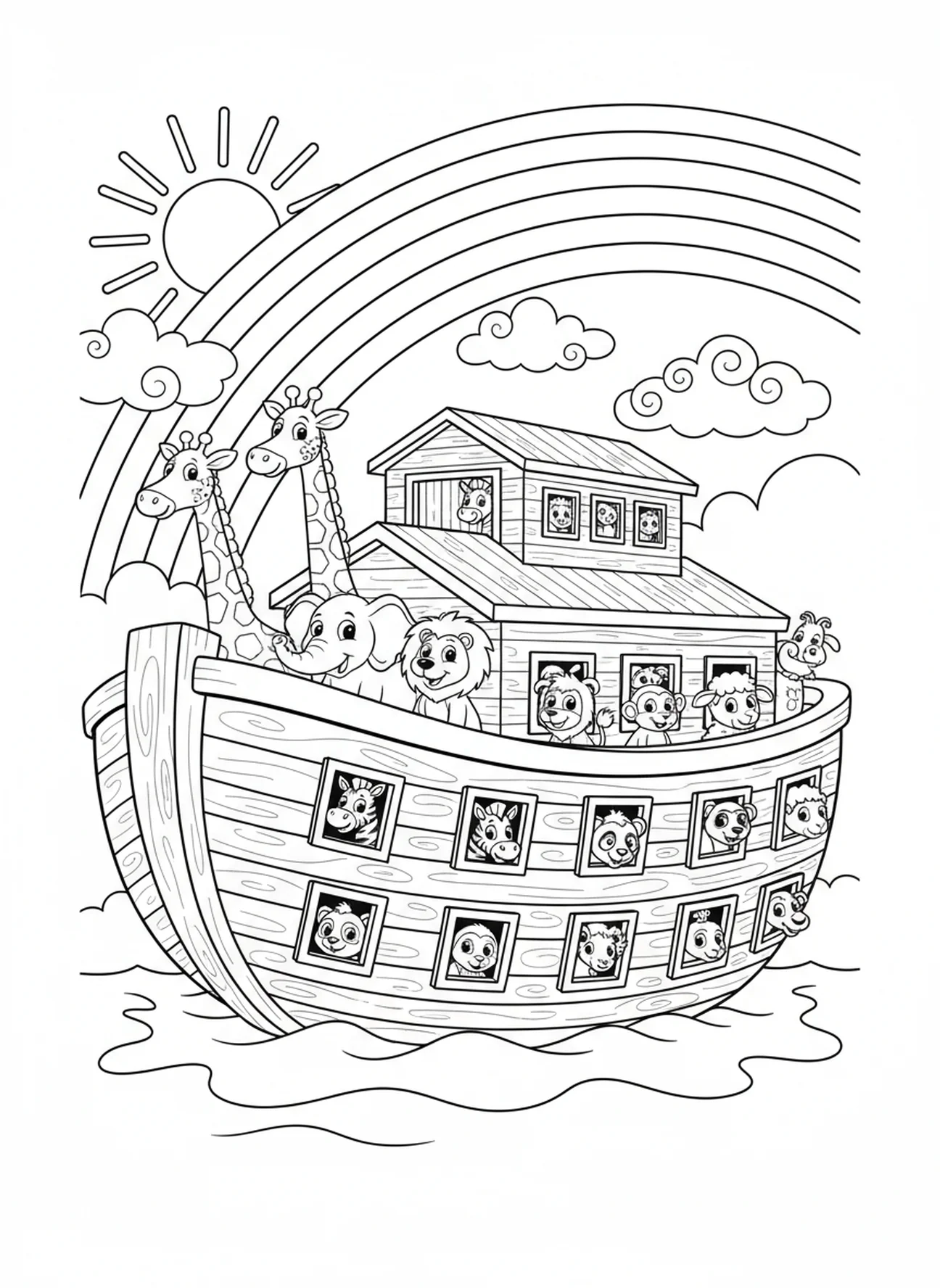 Heller Regenbogen über der Arche, Ausmalbild von Noahs Arche für Kinder im Alter von 5-10 Jahren
