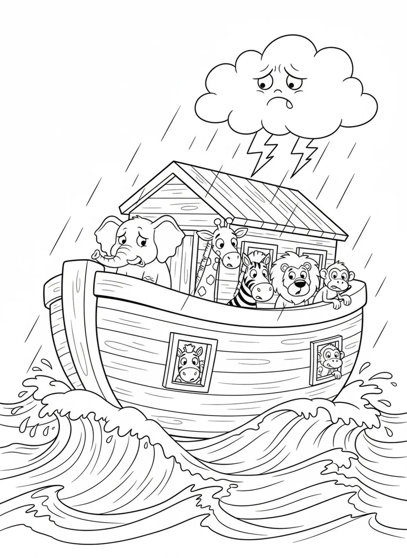 Noahs Arche segelt auf stürmischer See, Ausmalbild von Noahs Arche für Kinder im Alter von 5-10 Jahren