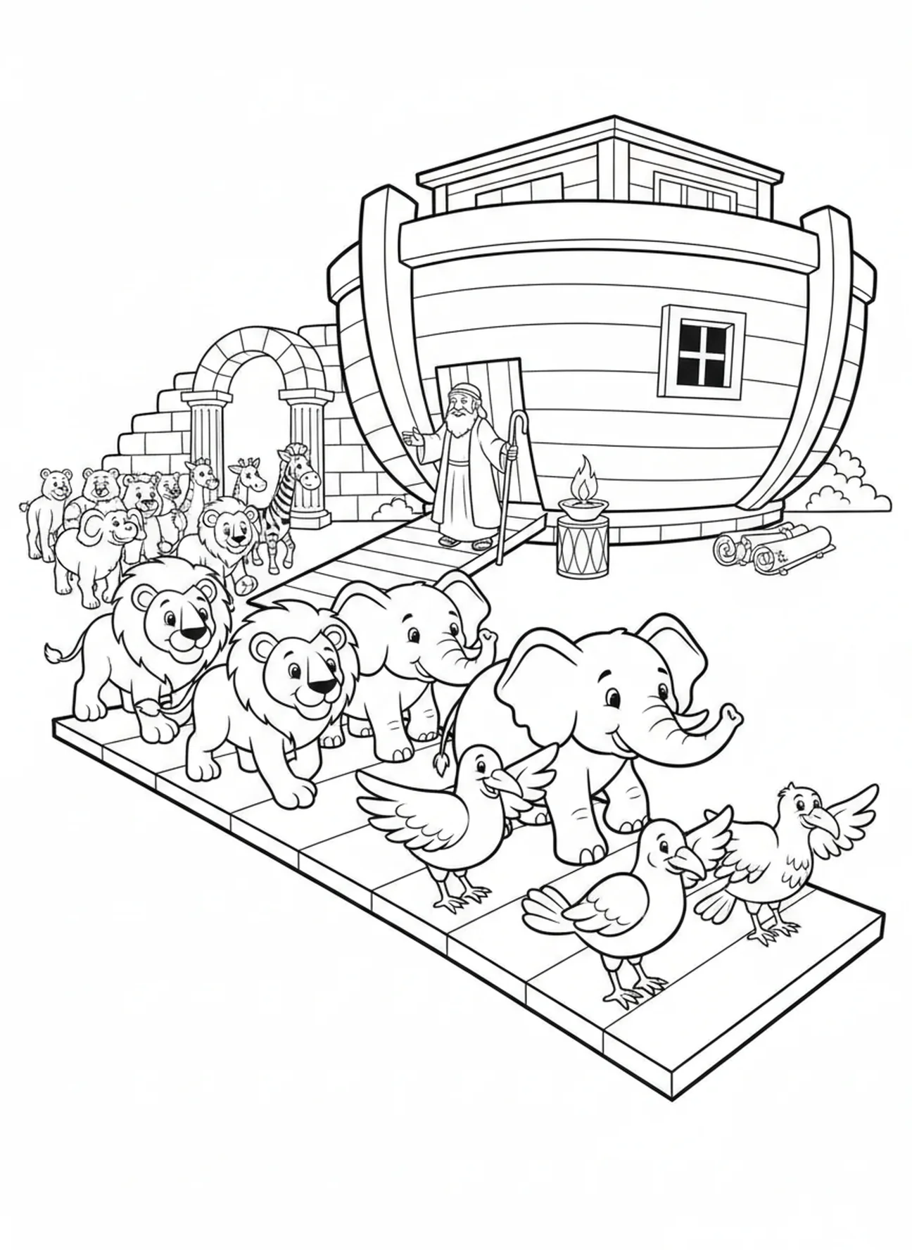 Cartoon-Tiere betreten die Arche, Christian Fish Sticker Ausmalbild für Sonntagsschulkinder im Alter von 5-12 Jahren.