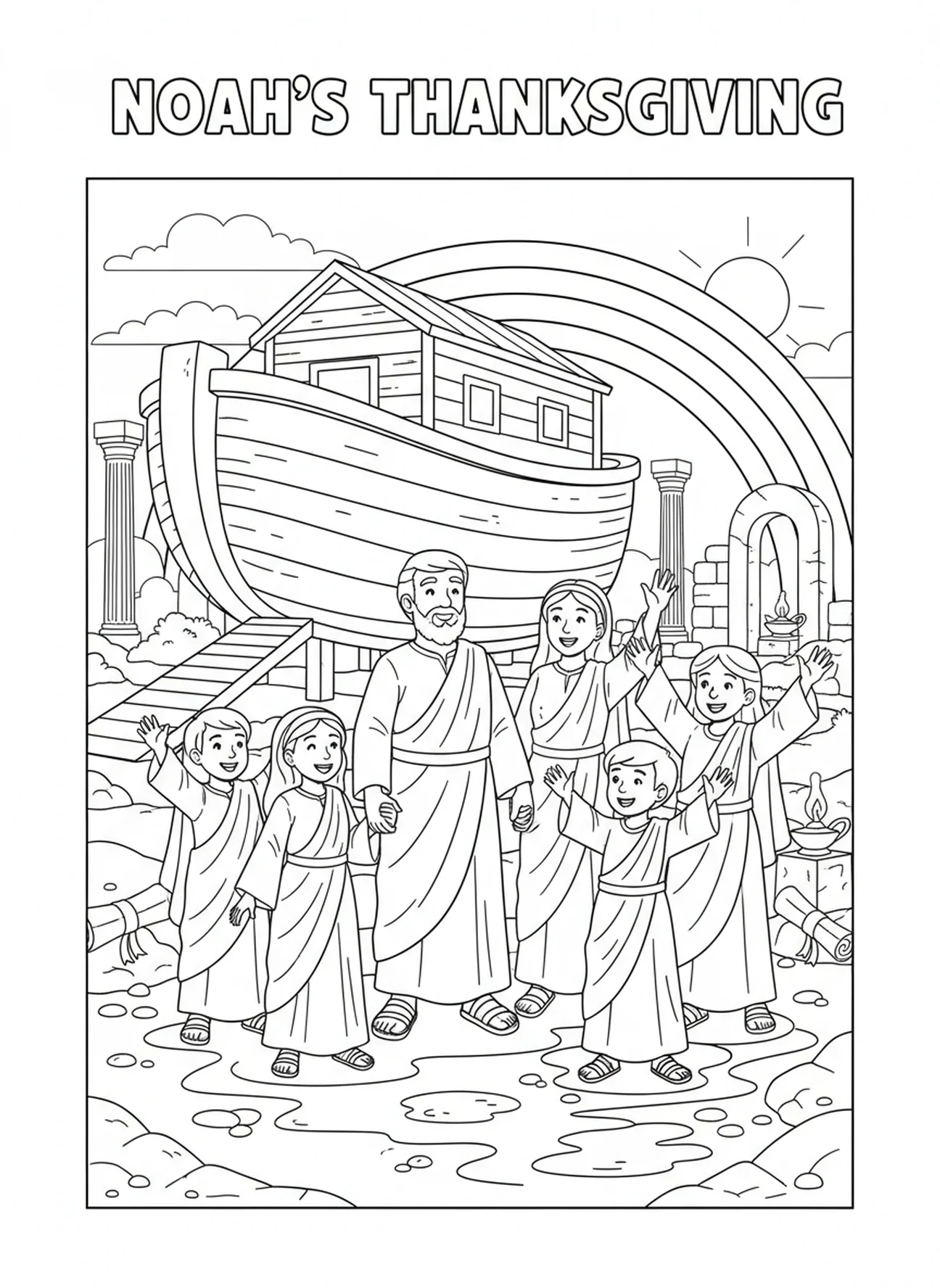 Noah und seine Familie feiern, christlicher Fisch Aufkleber Malvorlage für die Sonntagsschule für Kinder im Alter von 5-12 Jahren.