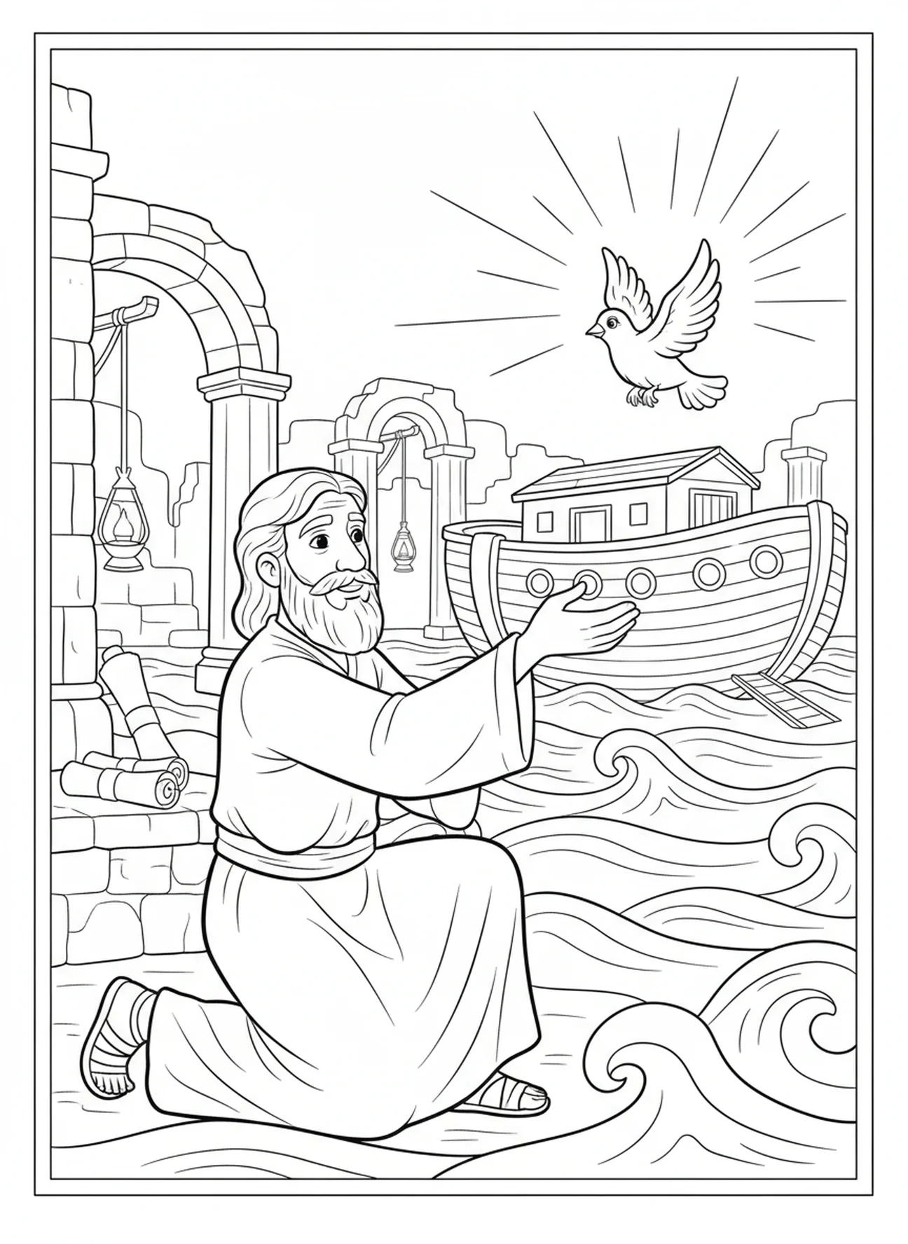 Noah, der eine Taube freilässt, Ausmalbild mit dem christlichen Fischaufkleber für die Sonntagsschule für Kinder im Alter von 5-12 Jahren.