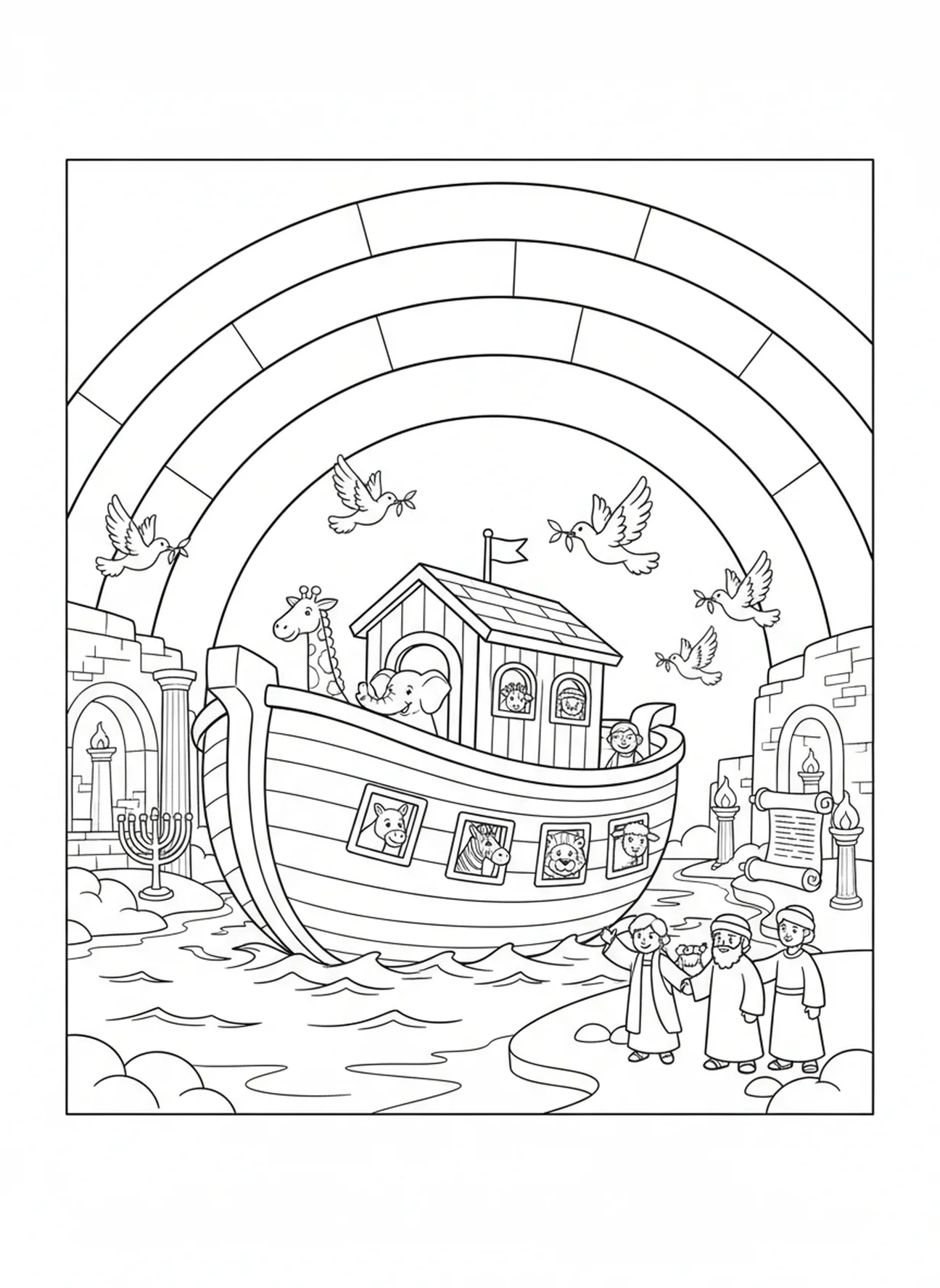 Regenbogen über der Arche, Ausmalbild mit dem christlichen Fischaufkleber für Kinder in der Sonntagsschule im Alter von 5-12 Jahren.