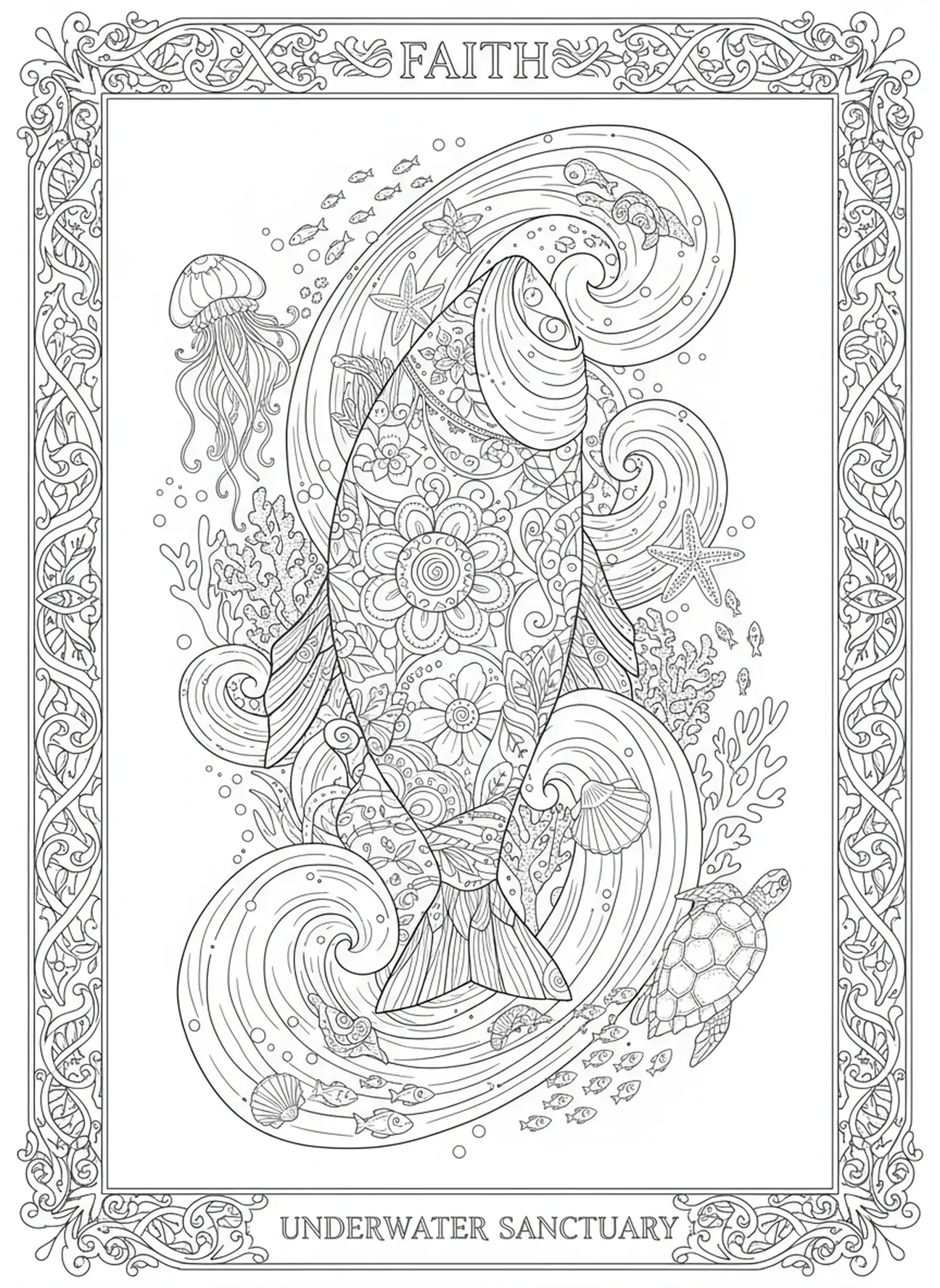 Symbol Ichthys w oceanie, kolorowanka Ichthys dla dorosłych w stylu dziennika biblijnego