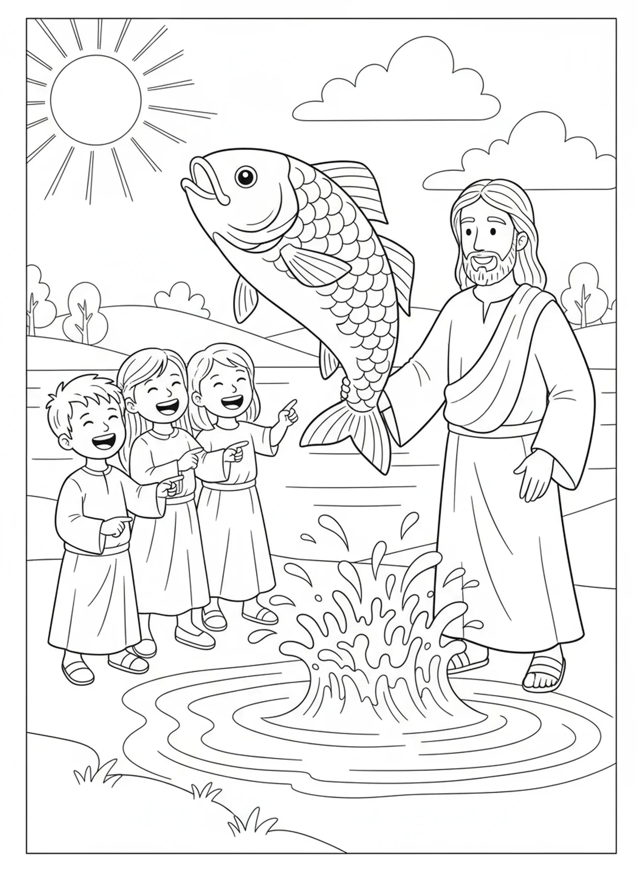 Grand poisson sautant hors de l'eau, page à colorier Ichthys pour enfants de 5 à 10 ans