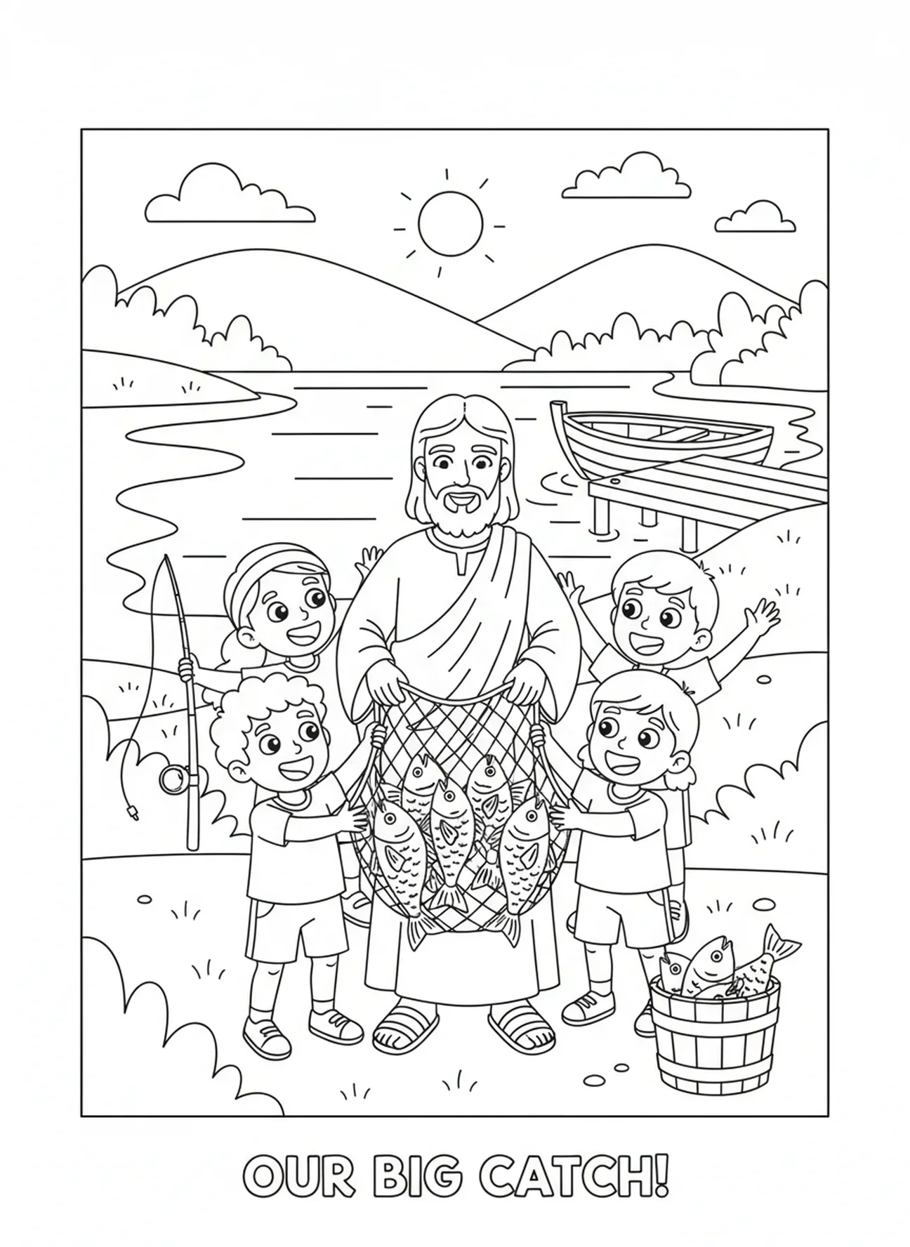 Enfants célébrant leur prise de poisson, page à colorier Ichthys pour les enfants de 5 à 10 ans