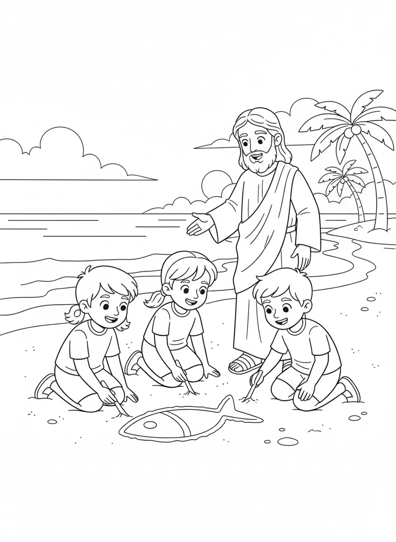 Enfants dessinant le symbole du poisson dans le sable, page à colorier Ichthys pour les enfants de 5 à 10 ans