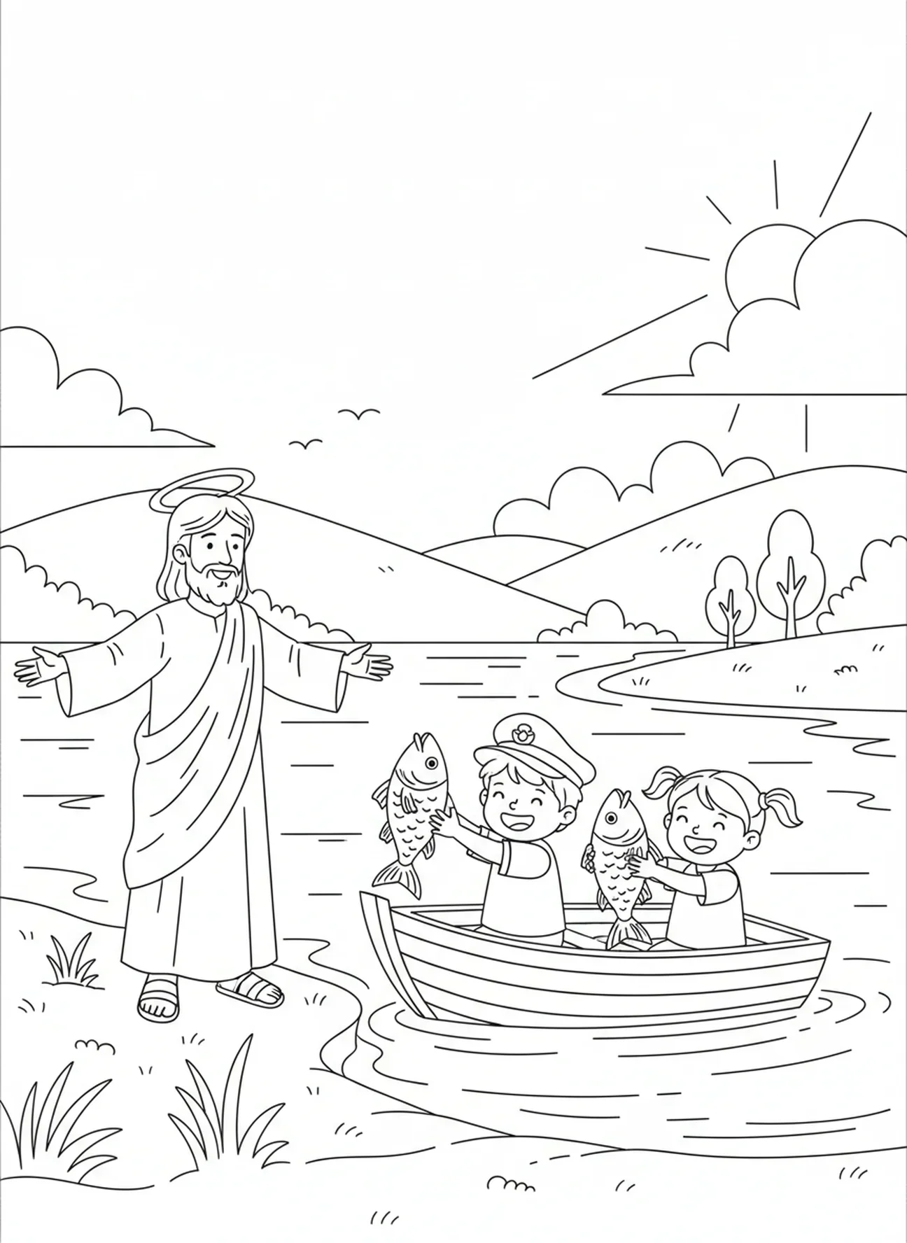Enfants pêchant depuis un bateau, page à colorier Ichthys pour les enfants de 5 à 10 ans