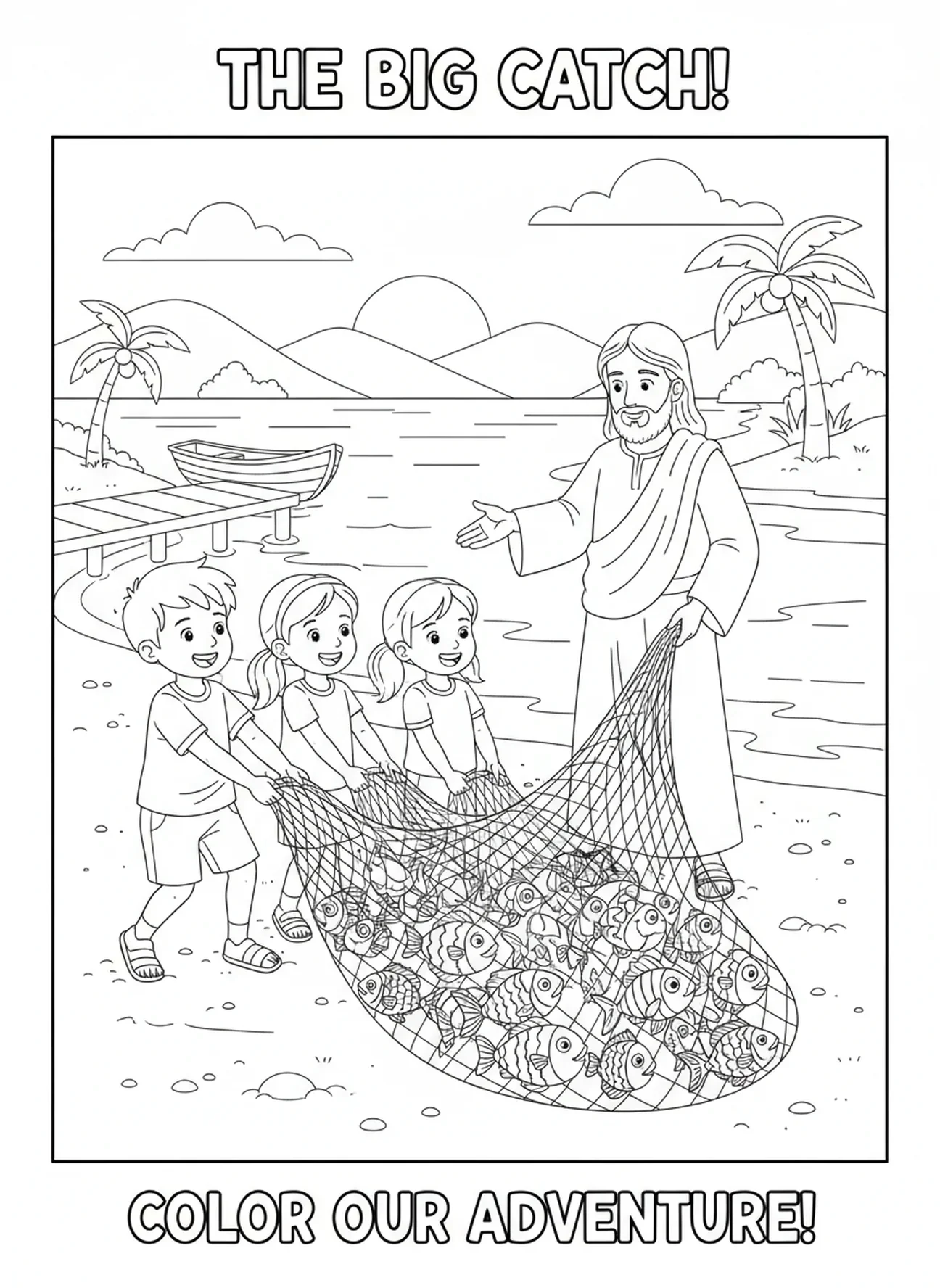 Enfants tirant un filet plein de poissons, page à colorier Ichthys pour les enfants de 5 à 10 ans