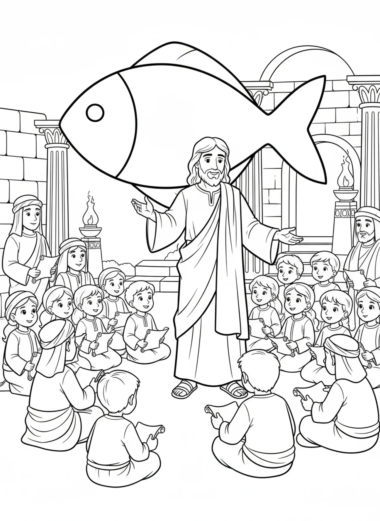 Jezus nauczający tłum, kolorowanka z rybą Ichthys dla dzieci w katechezie w wieku 5-12 lat