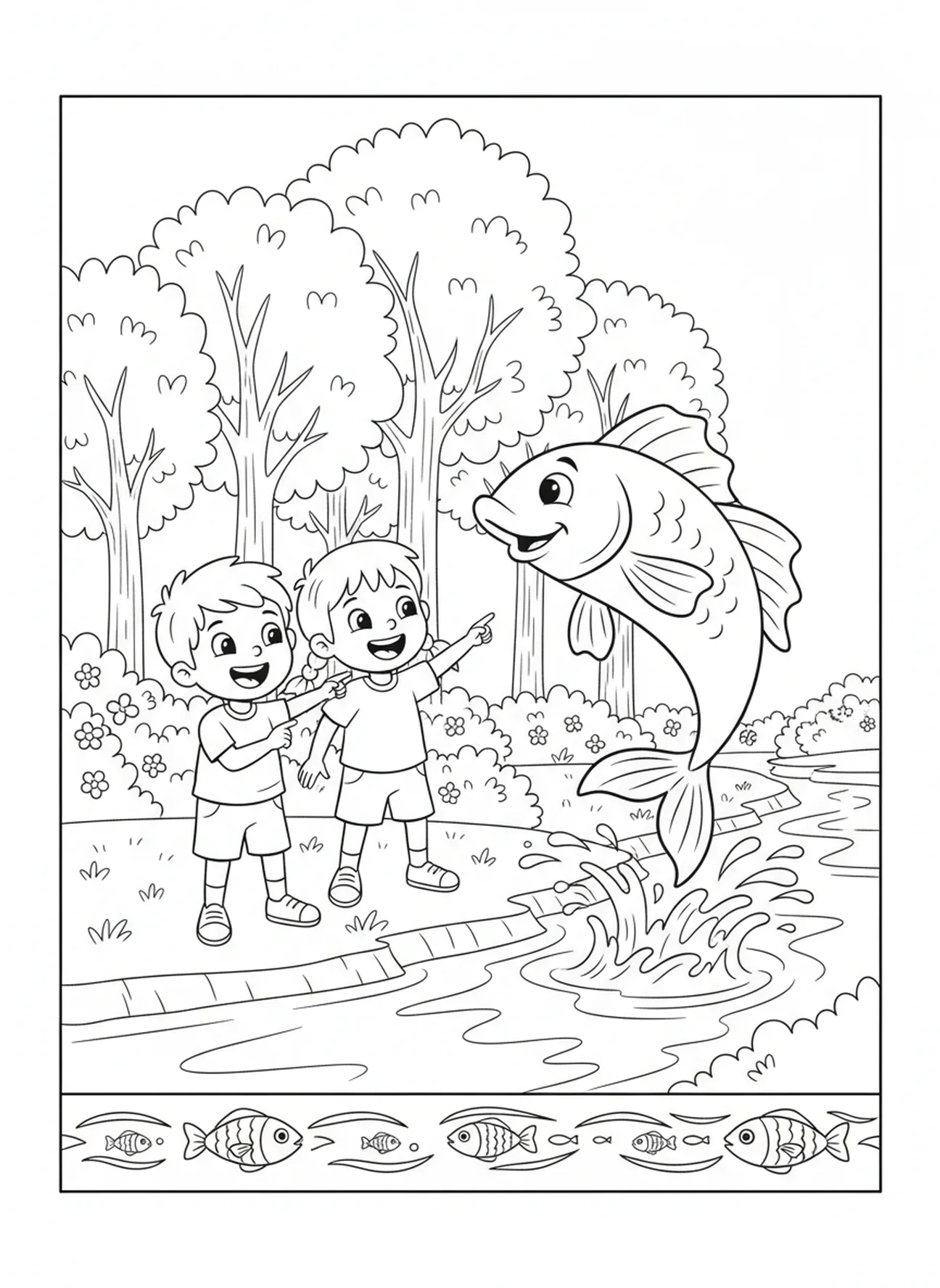 Twee opgewonde kinderen, Ichthys vis kleurplaat voor kinderen van 5-10 jaar.