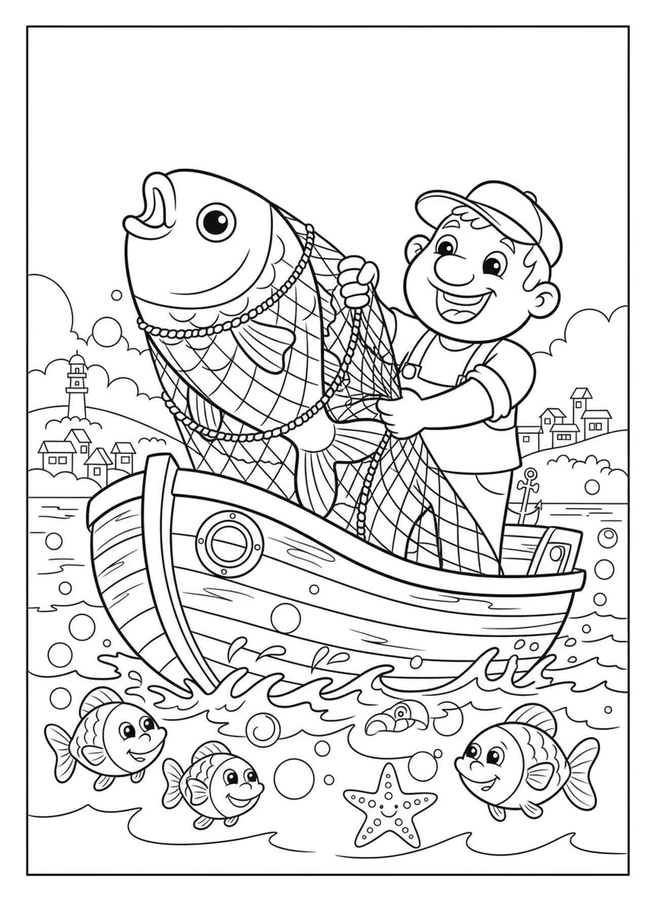 Grote Ichthys-vis in net, Ichthys-vis kleurplaat voor kinderen van 5-10 jaar.
