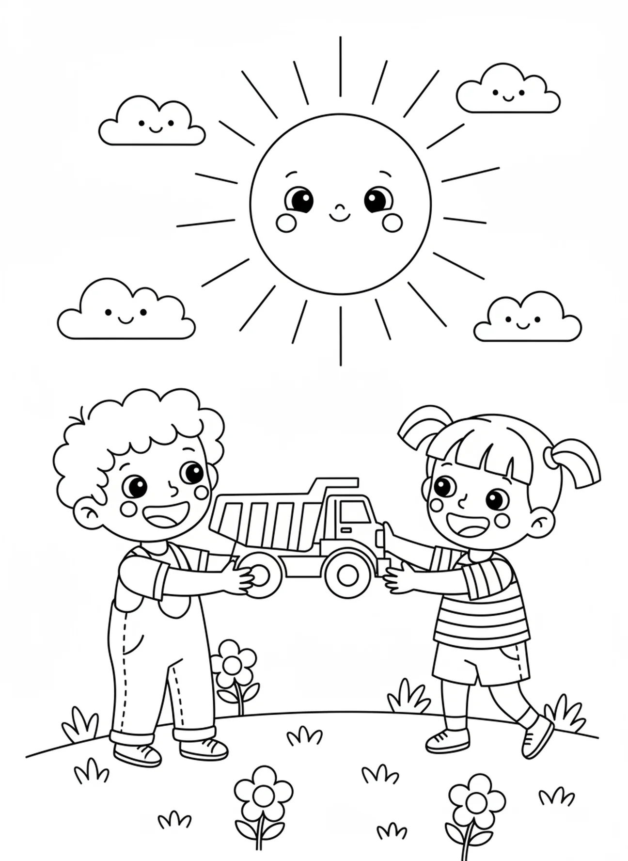 Duas crianças compartilhando um caminhão de brinquedo, página de colorir com o tema Perdão para crianças de 5 a 10 anos.