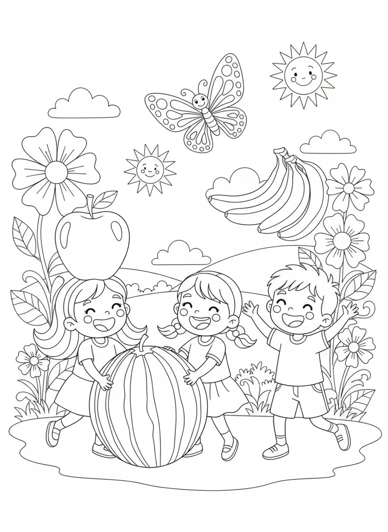 Trois enfants jouant avec des fruits géants, page à colorier sur la douceur des fruits pour les enfants de 5 à 10 ans