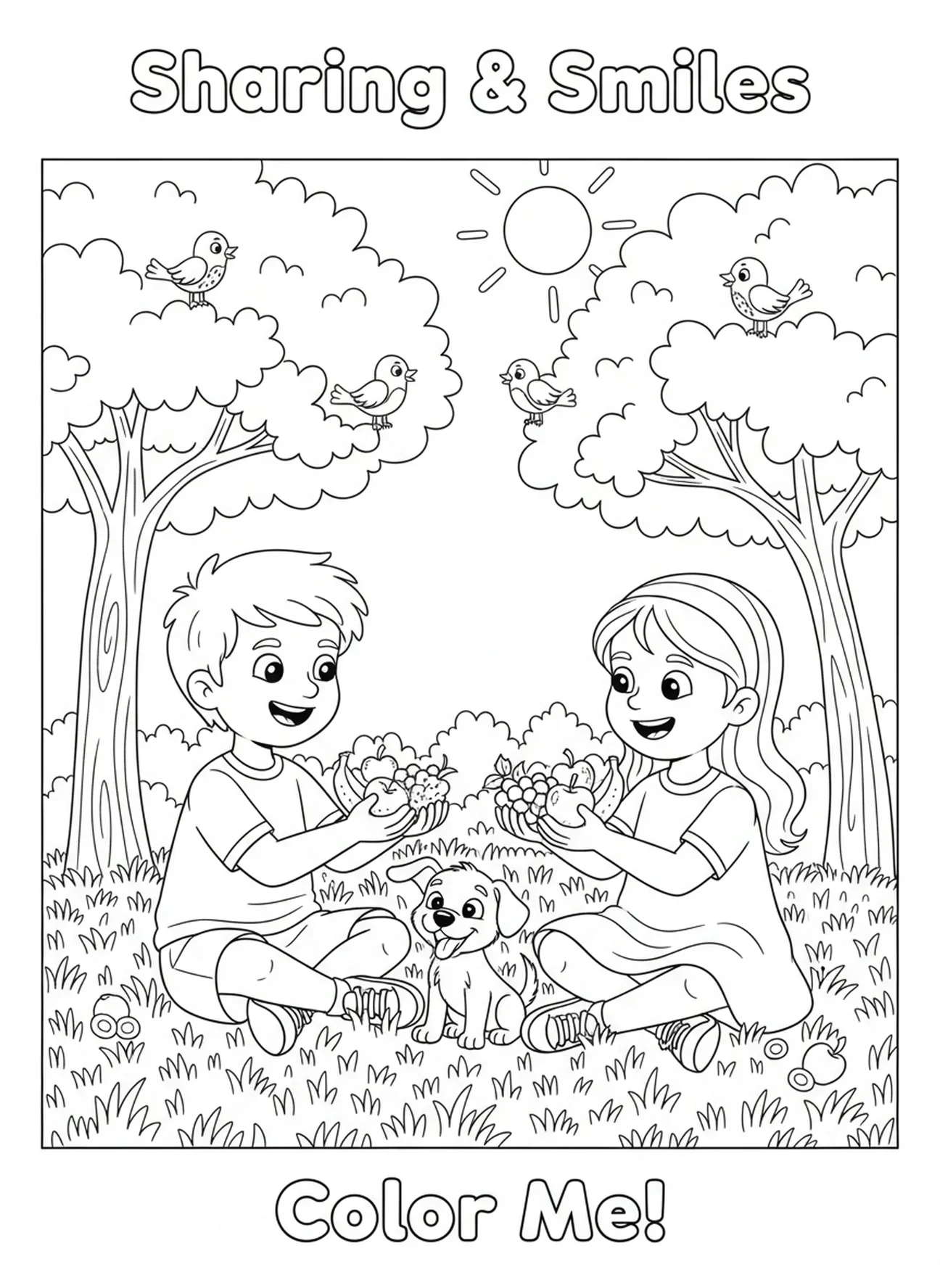Deux enfants partageant des fruits, page à colorier Gentillesse des Fruits pour les enfants de 5 à 10 ans