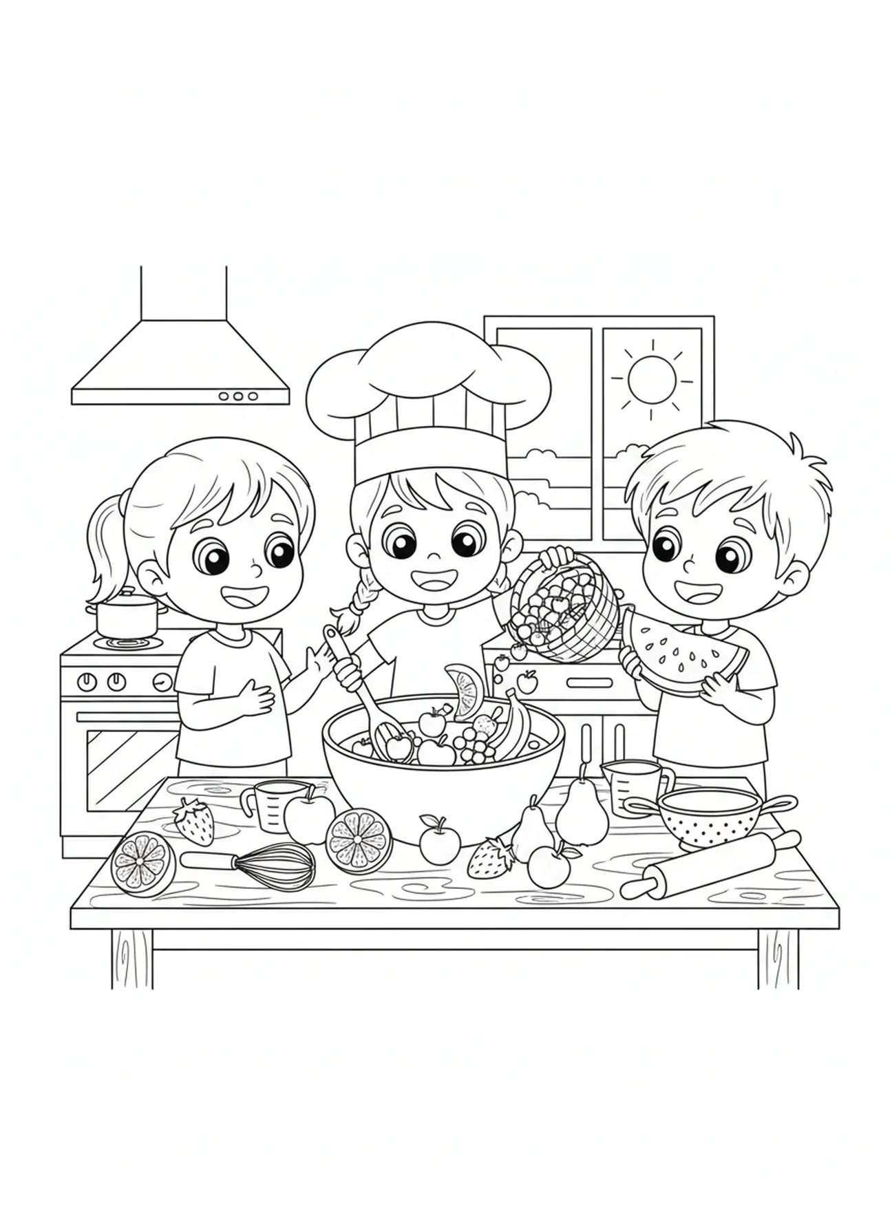 Enfants cuisinant avec des fruits, page à colorier de la Douceur des Fruits pour les enfants de 5 à 10 ans