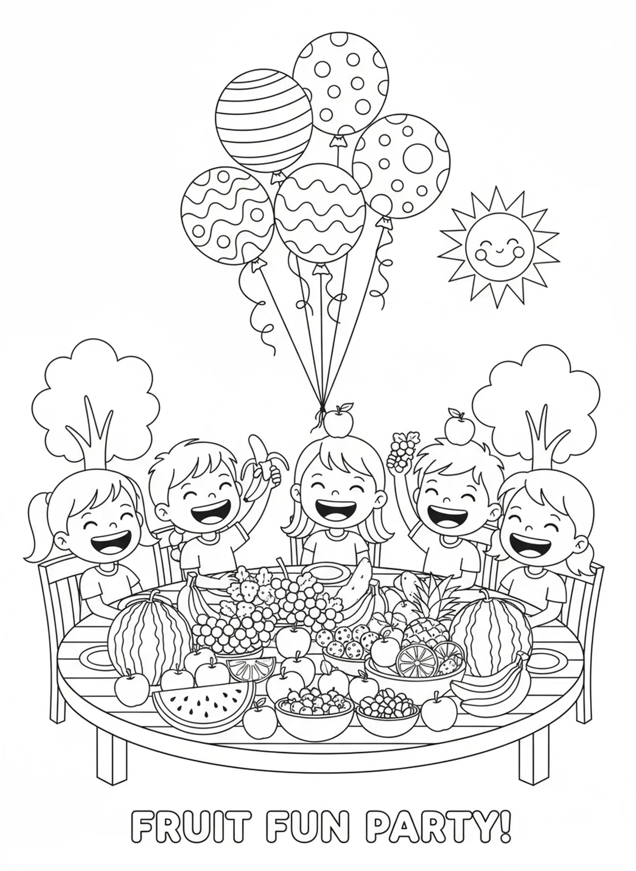 Enfants à une fête des fruits, page à colorier sur la douceur des fruits pour les enfants de 5 à 10 ans