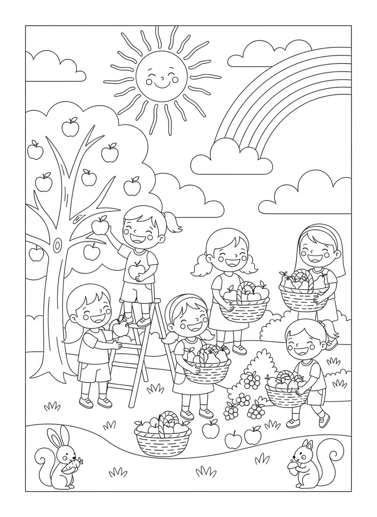 Enfants rassemblant des fruits dans des paniers, page à colorier sur la douceur des fruits pour les enfants de 5 à 10 ans