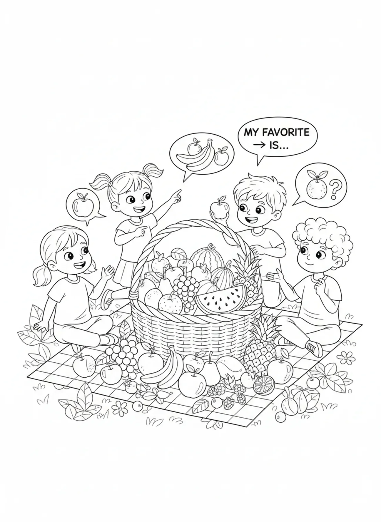 Cesta de frutas desbordante, página para colorear de la Bondad Frutal para niños de 5 a 10 años.