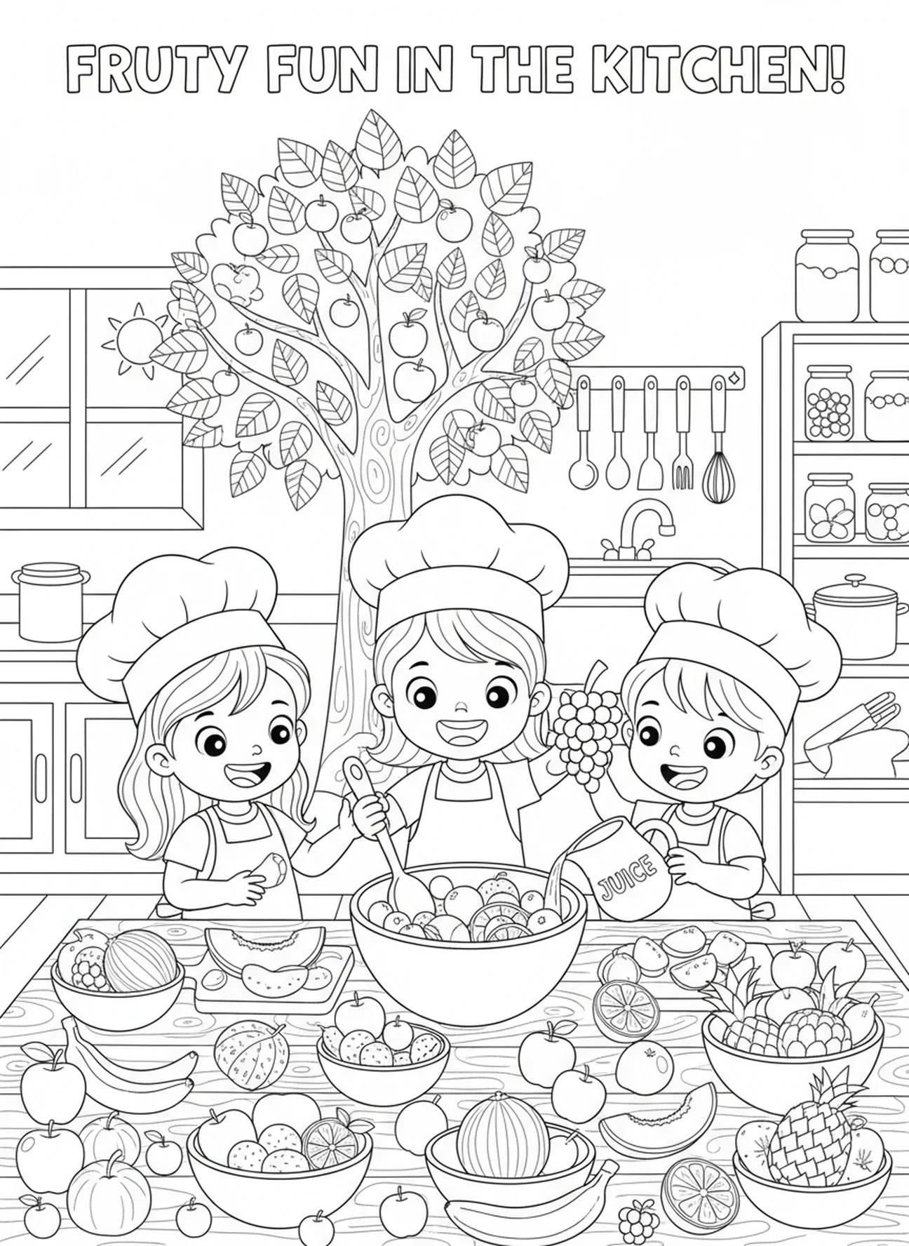 Niños preparando ensalada de frutas, página para colorear sobre la Bondad de la Fruta para niños de 5 a 10 años.