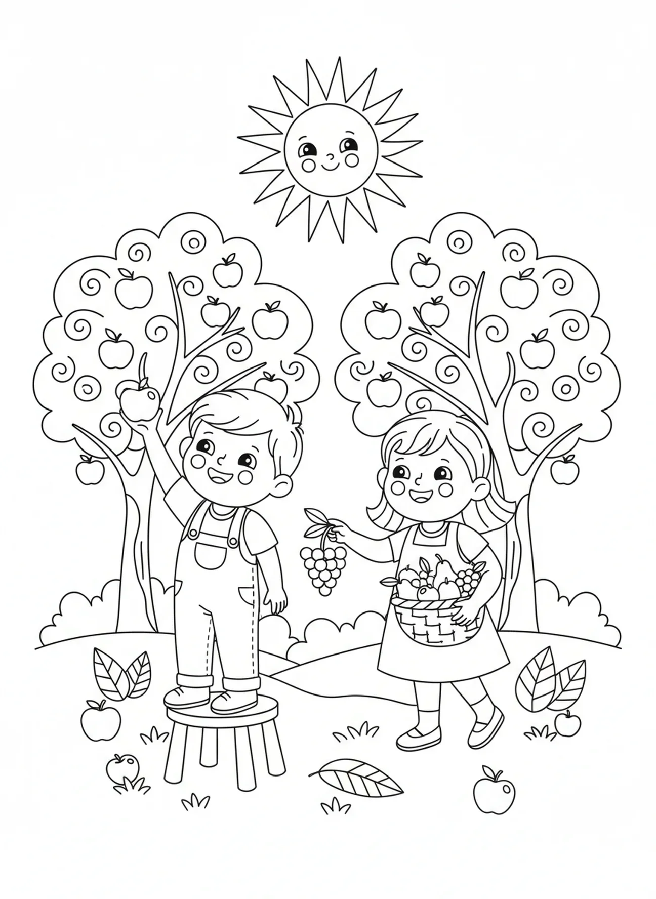 Dos niños recogiendo frutas, página para colorear sobre la bondad de los frutos para niños de 5 a 10 años.