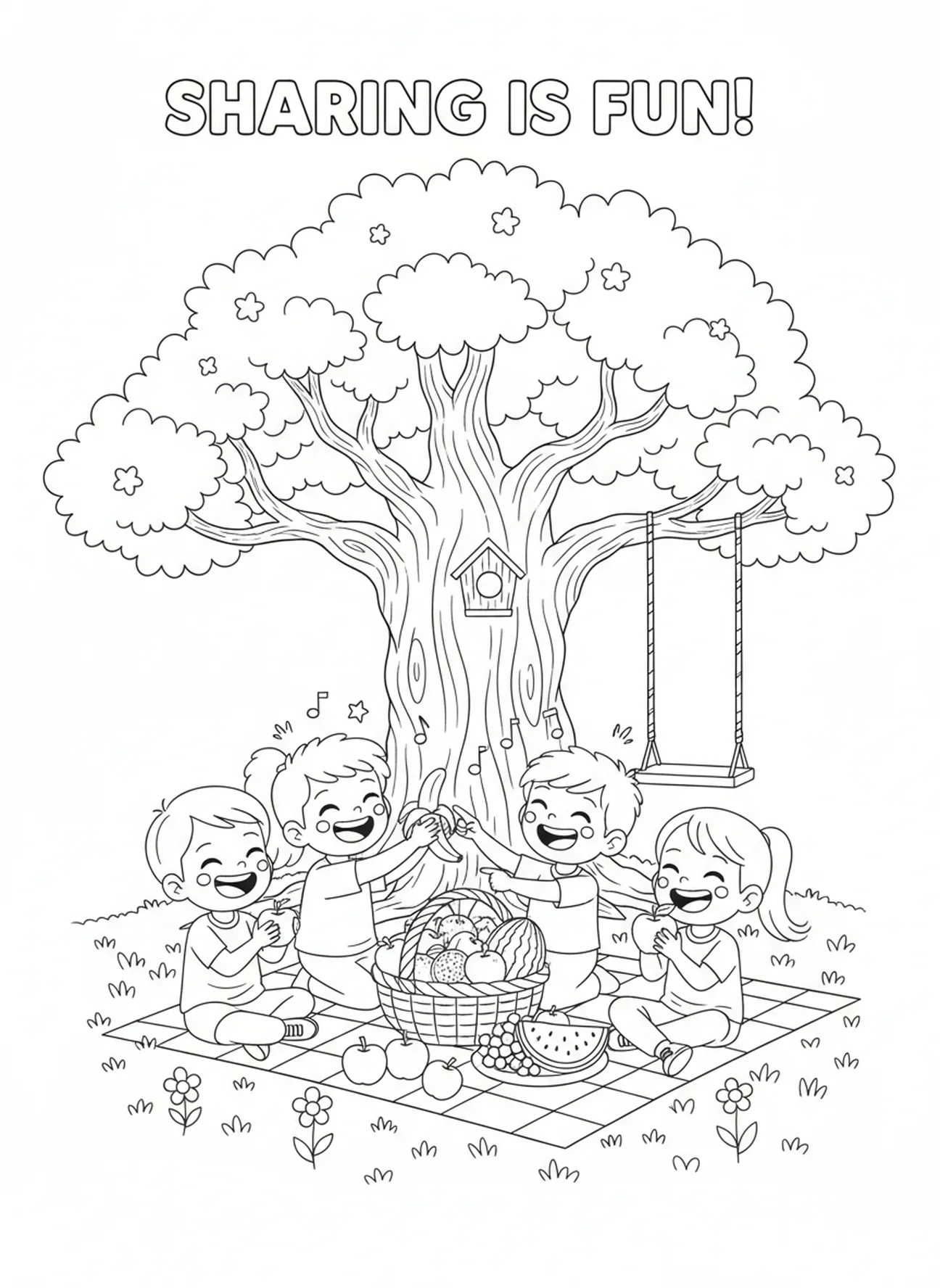 Niños compartiendo frutas, página para colorear sobre la Bondad de los Frutos para niños de 5 a 10 años.