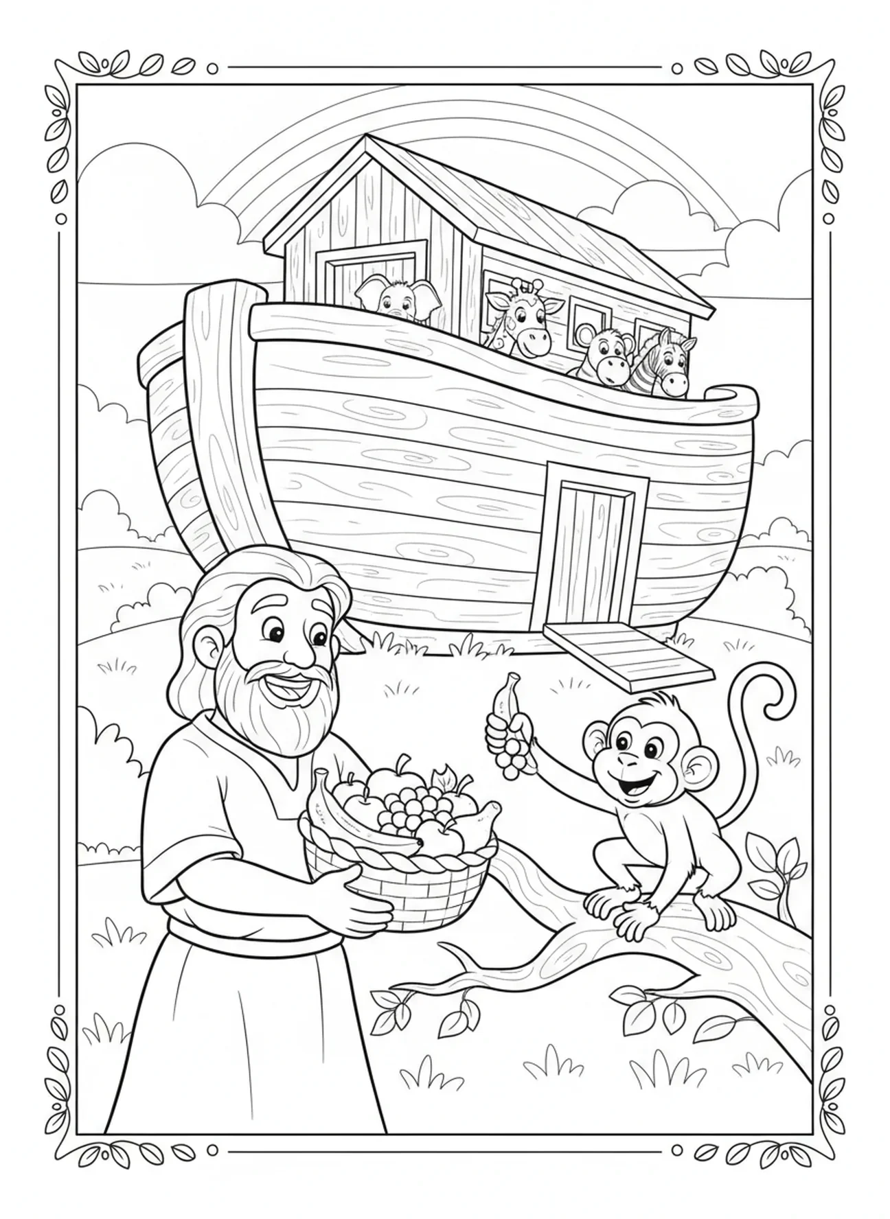Noé compartilhando frutas com macacos, página de colorir Frutos da Alegria para crianças de 5 a 10 anos.