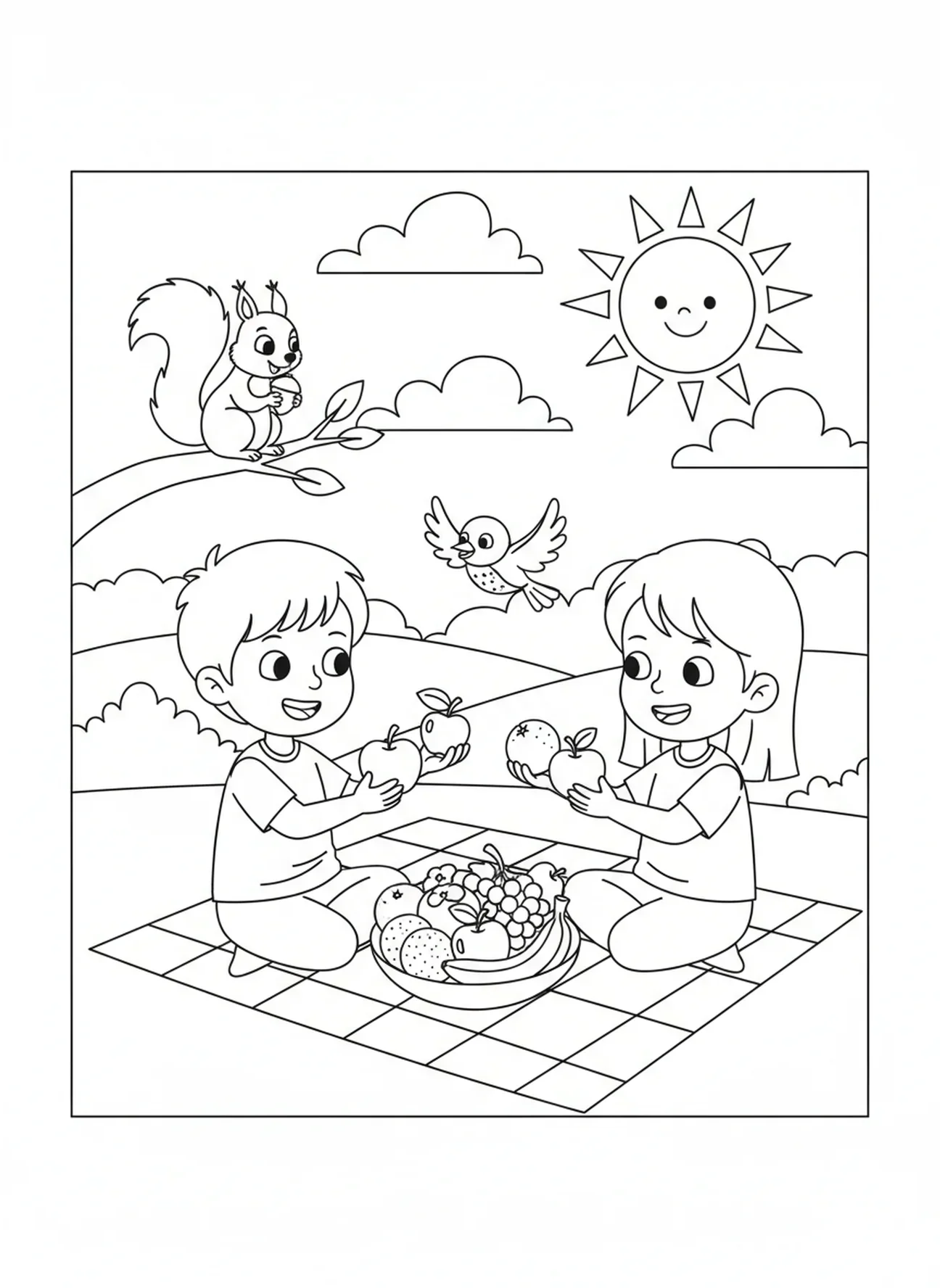 Deux amis partageant des fruits, page à colorier sur la Gentillesse des Fruits pour les enfants de 5 à 10 ans.