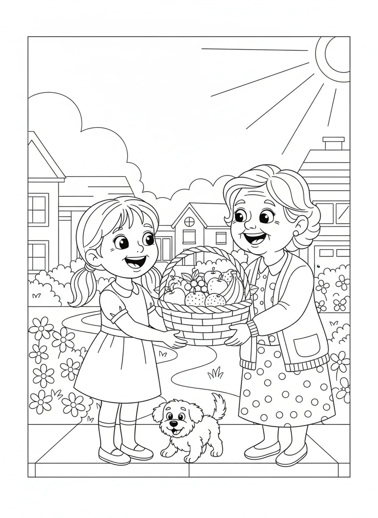Fille offrant un panier de fruits, page à colorier sur la bonté pour les enfants de 5 à 10 ans.