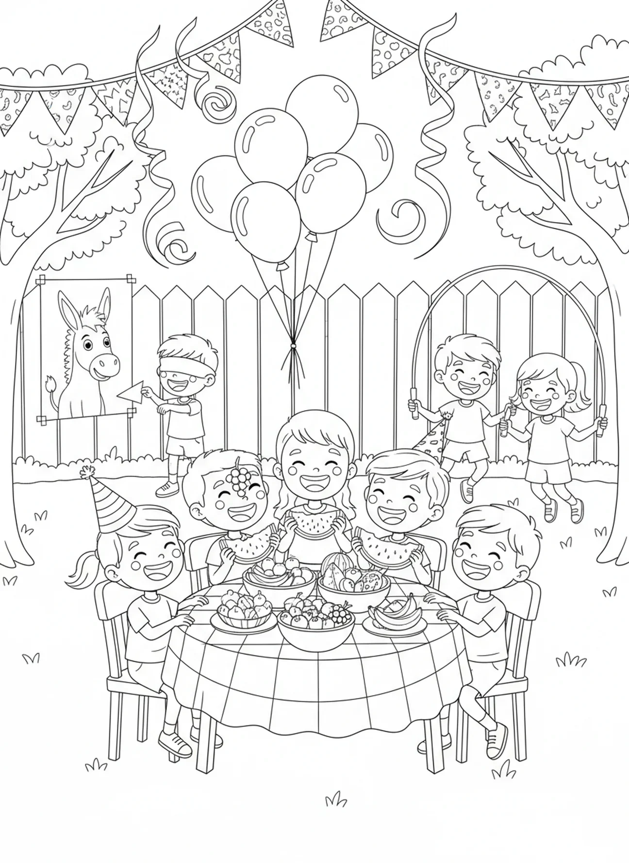 Enfants célébrant avec des fruits, page à colorier sur la Gentillesse des Fruits pour les enfants de 5 à 10 ans.