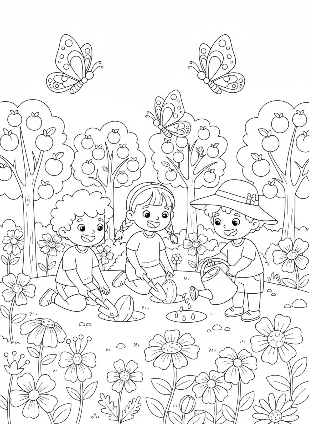 Enfants plantant des graines de fruits, page à colorier sur la Gentillesse pour les enfants de 5 à 10 ans.