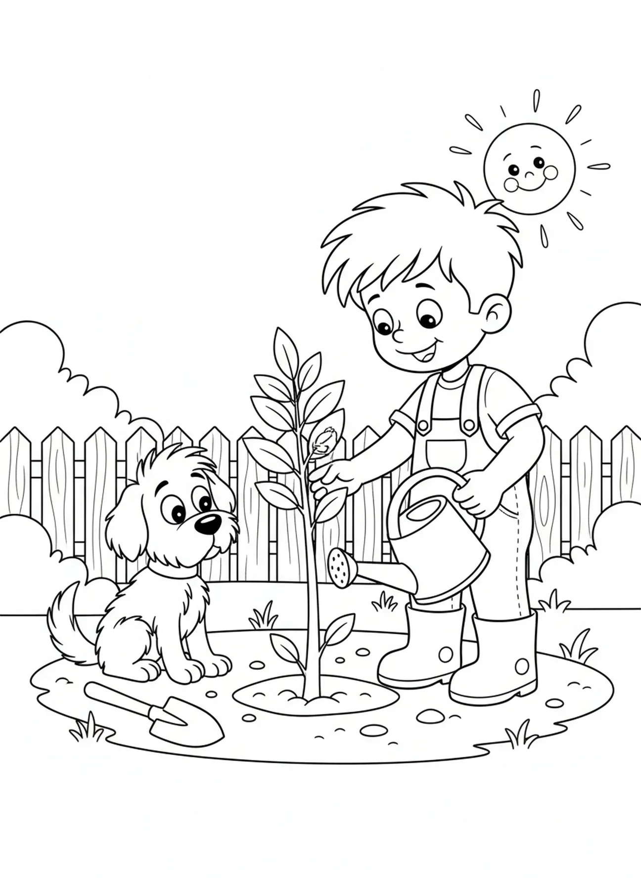 Garçon plantant un arbre fruitier, page à colorier sur la Gentillesse pour enfants de 5 à 10 ans.