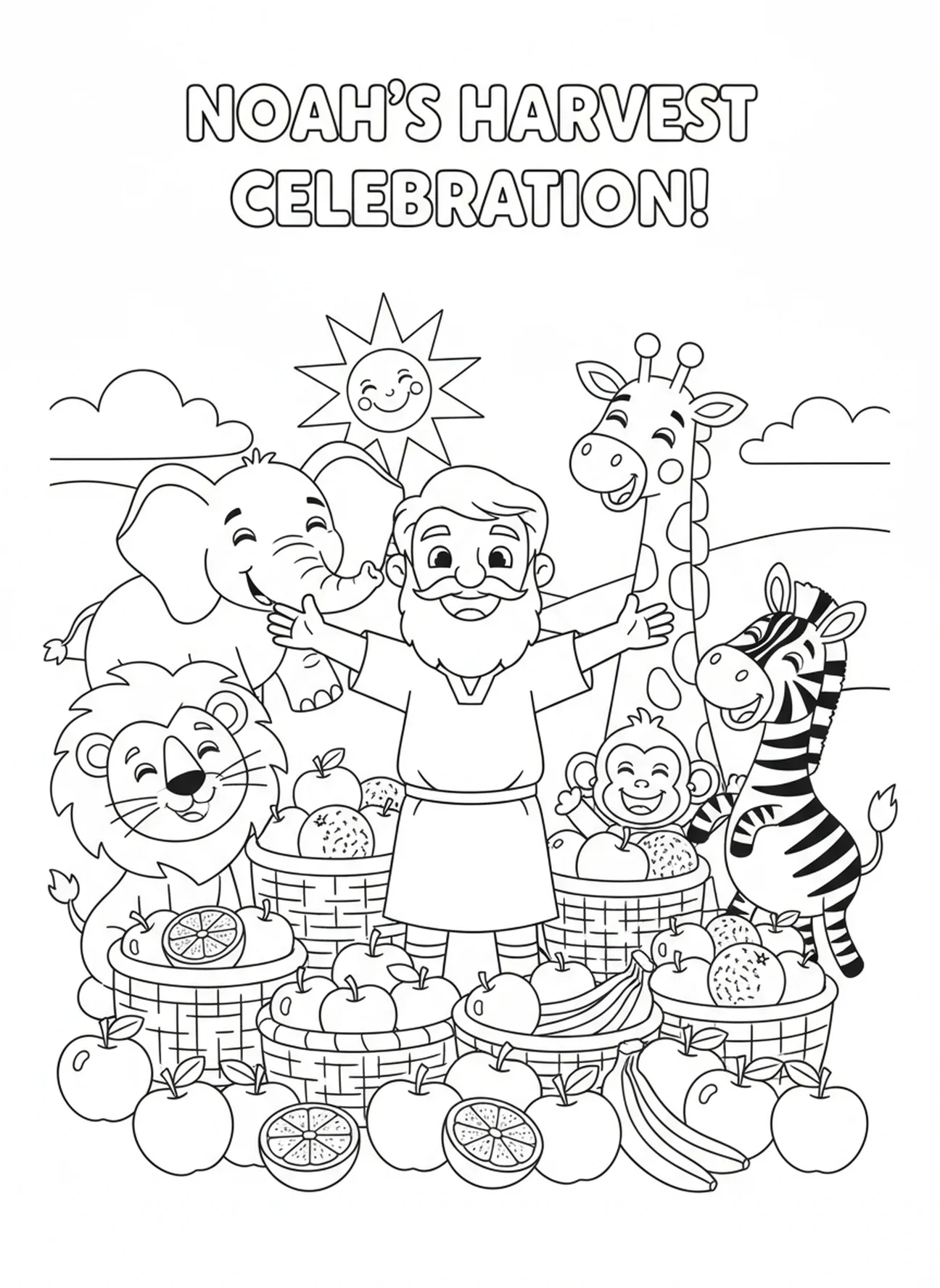 Noé e os animais celebrando a colheita, página de colorir Amor Frutal para crianças de 5 a 10 anos