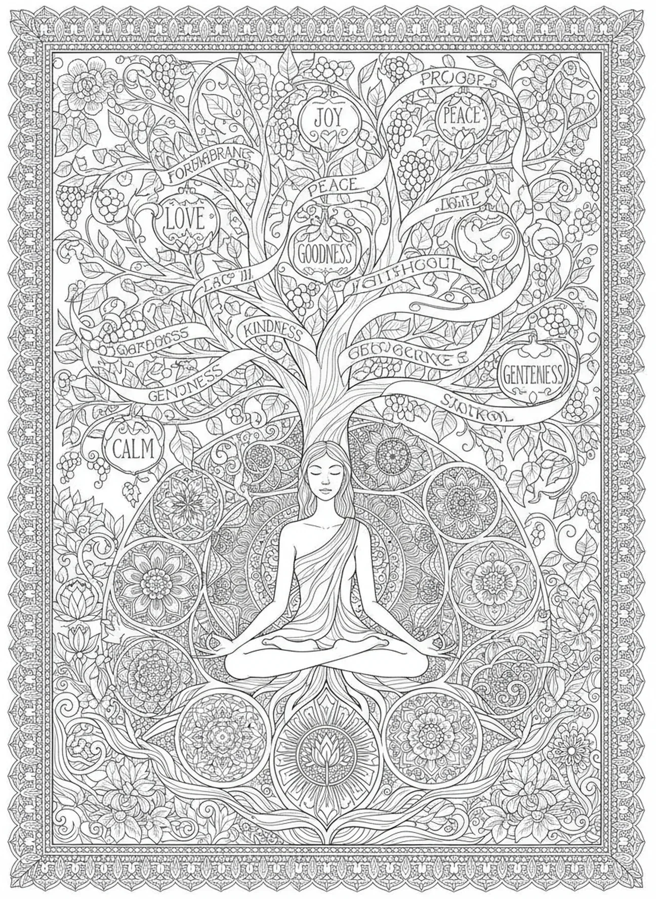 Figura meditando ao lado da árvore do Fruto do Espírito, página de colorir Fruto do Espírito para adultos no estilo de journaling bíblico.